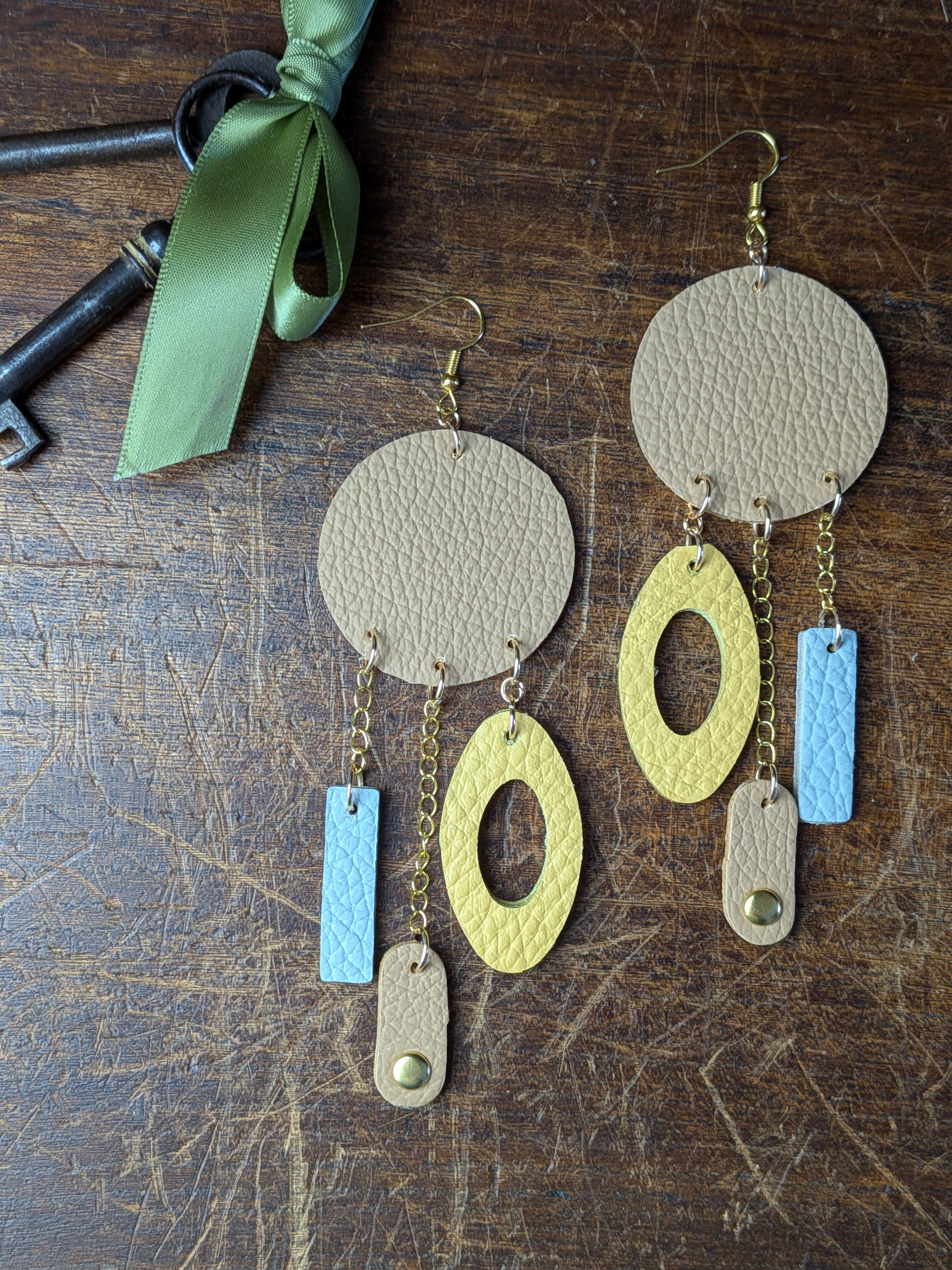Sky & Sand Geometric Earrings – Long Statement Leather with Golden Accents