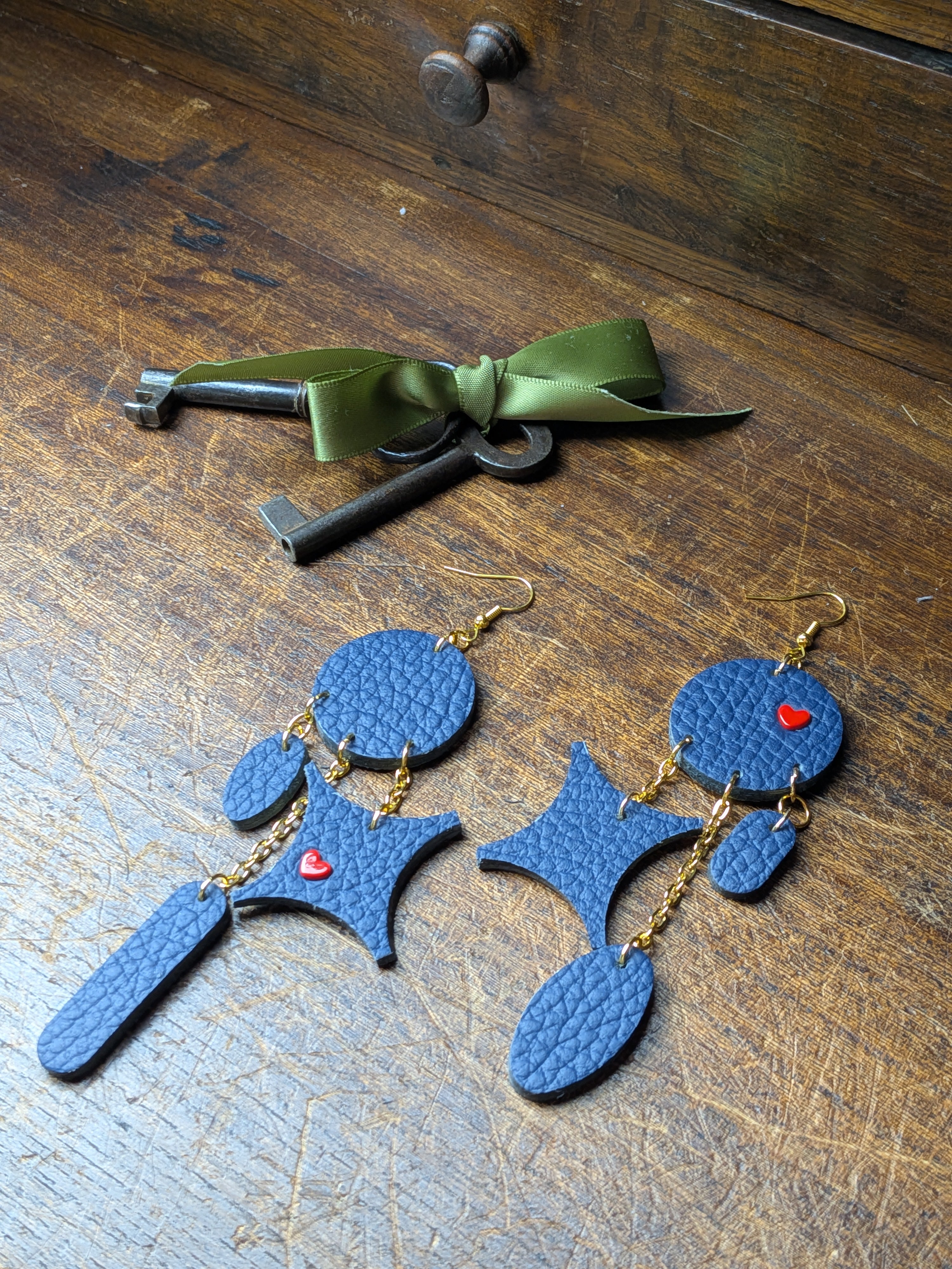 Midnight Star Statement Drops – Navy Leather with Crimson Hearts