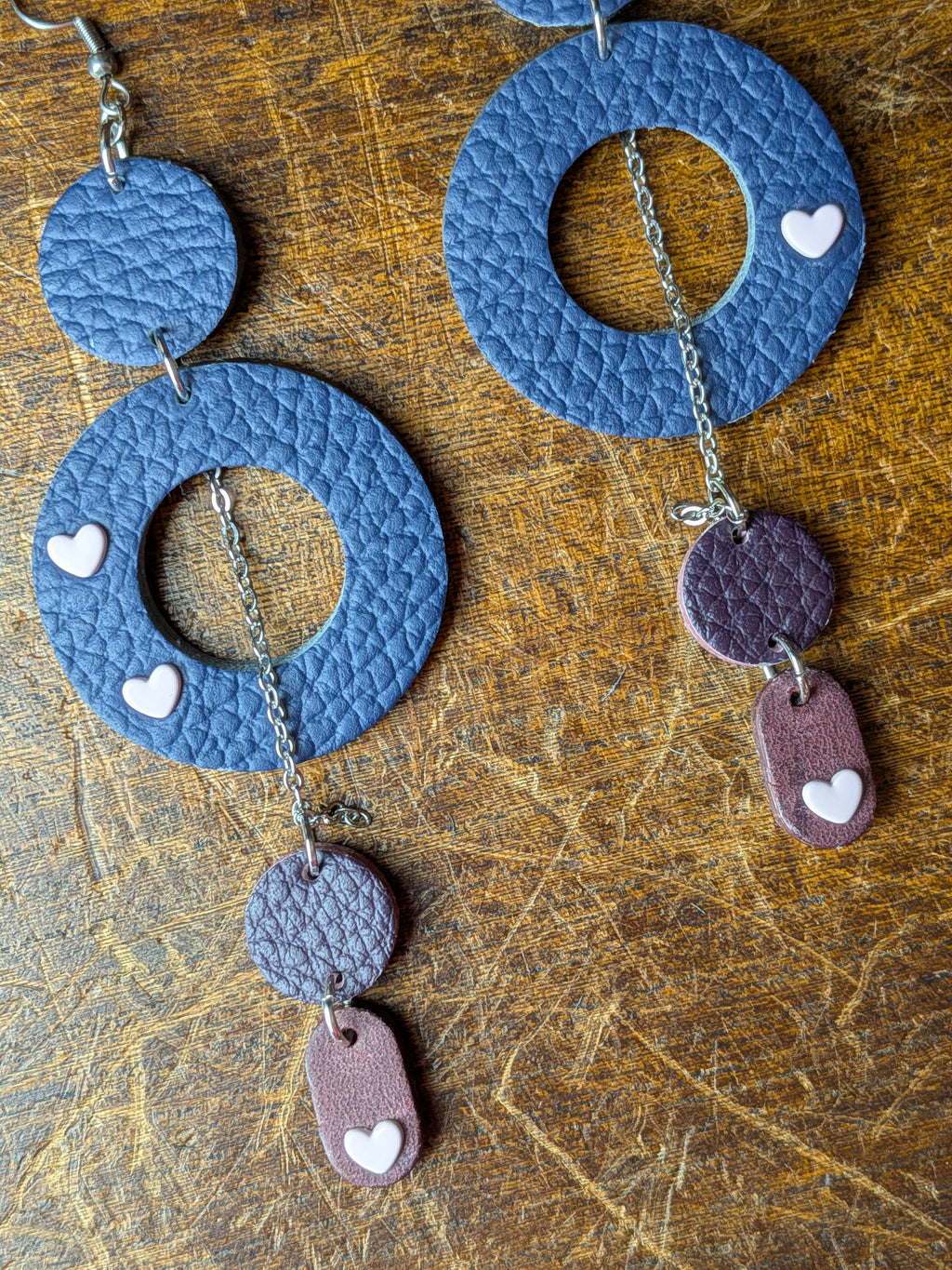 Midnight Heart Asymmetric Drops – Navy, Aubergine & Wine Leather Earrings