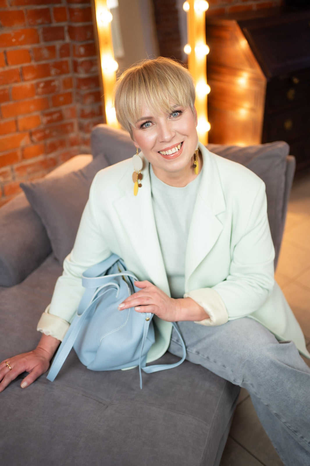 Skyline Muse Earrings – Azure & Lemon Textured Leather Drops with Golden Chains