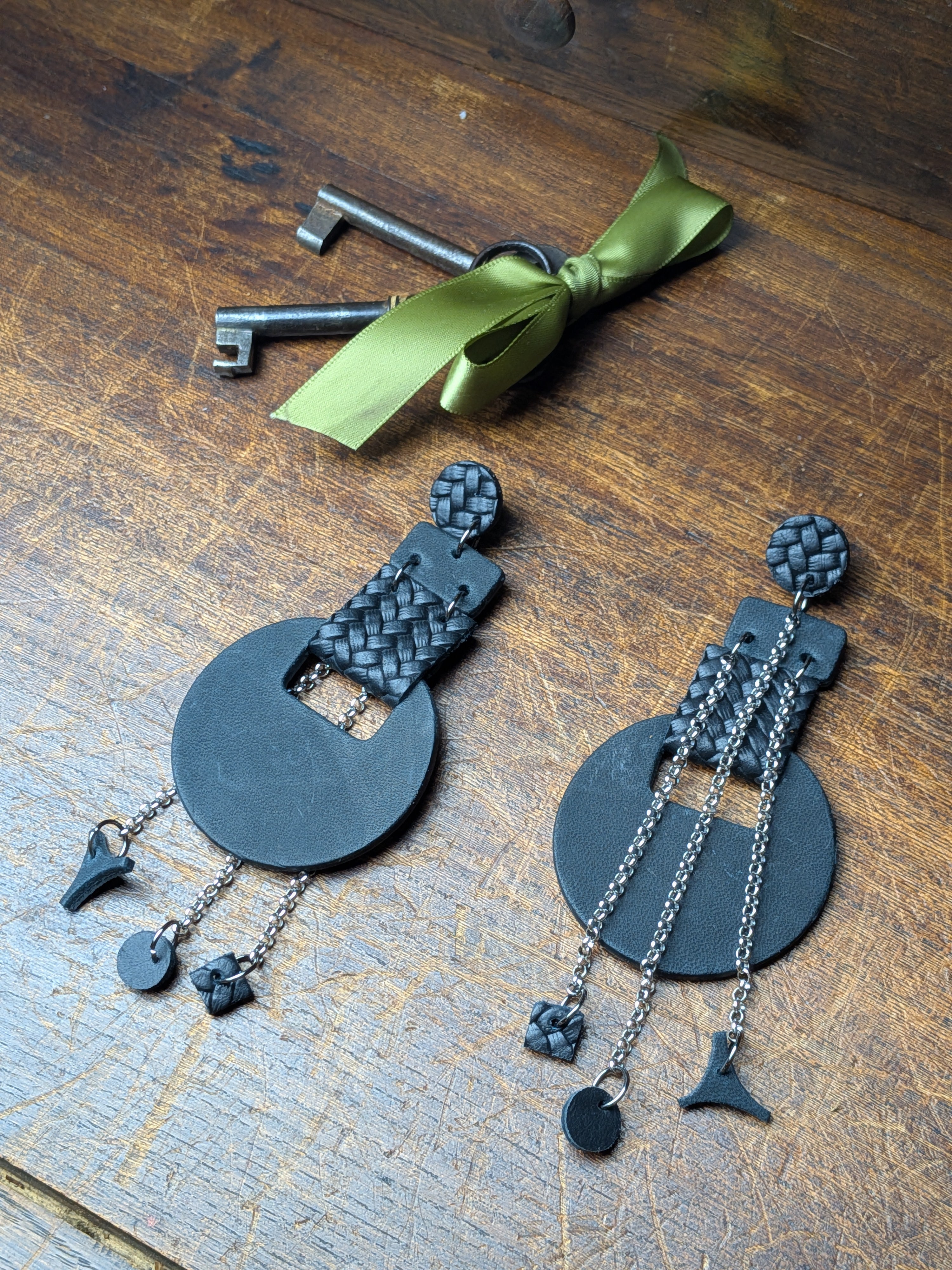 The Shadow Link | Matte Black Leather & Silver Chain Asymmetric Studs