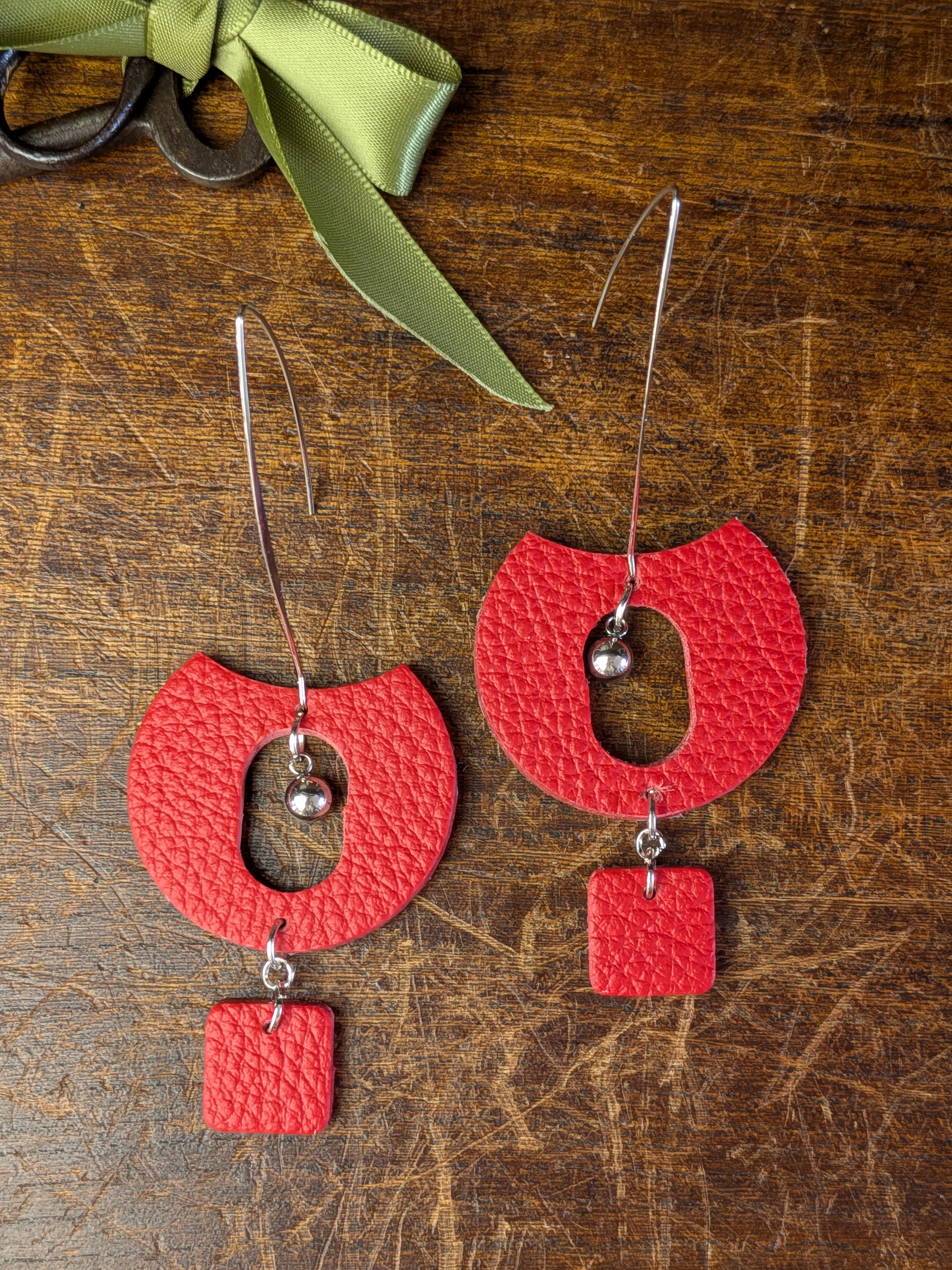 Scarlet Pulse Geometric Leather Earrings