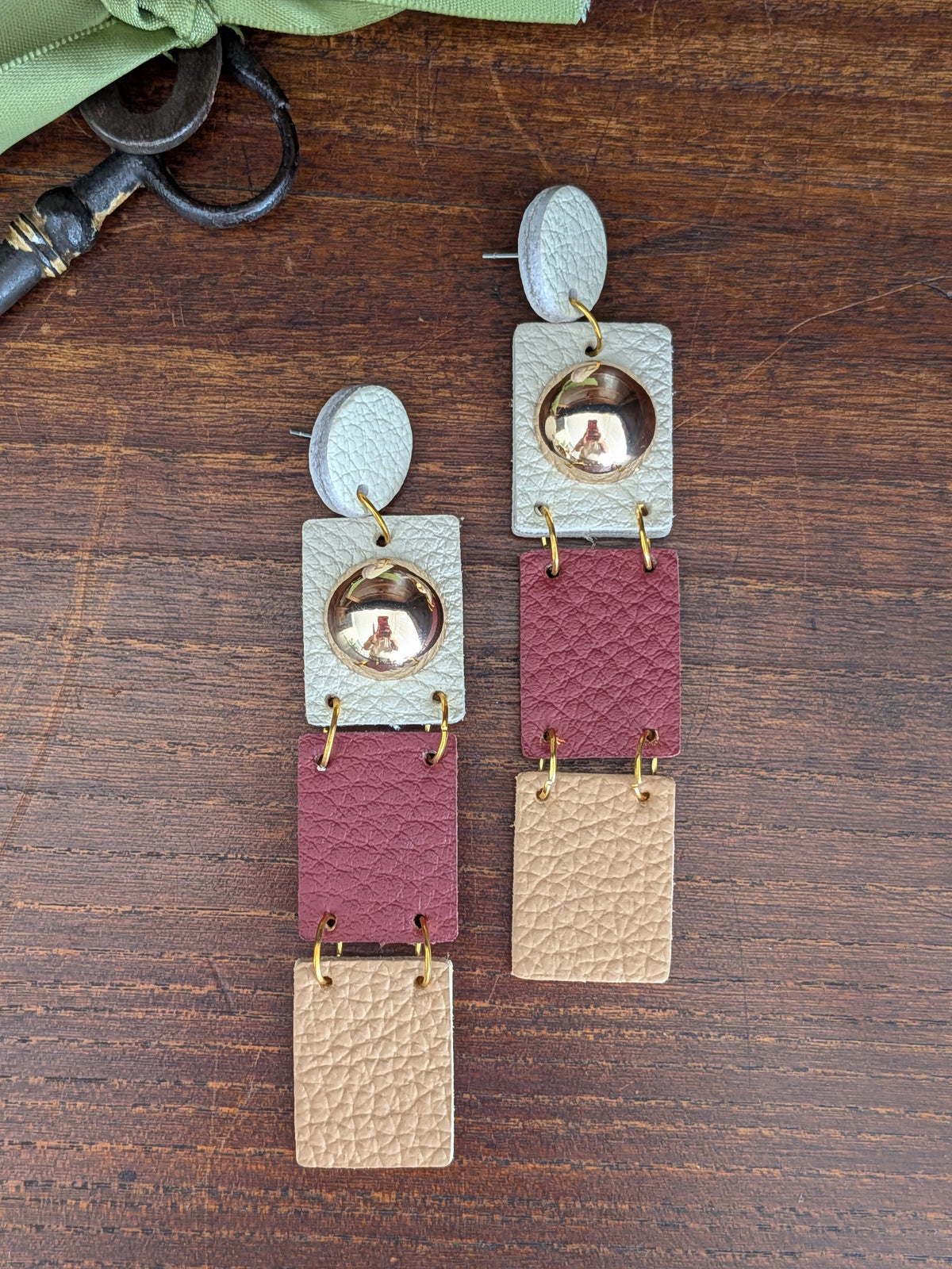 Wine & Grey Geometric Tiered Drop Earrings