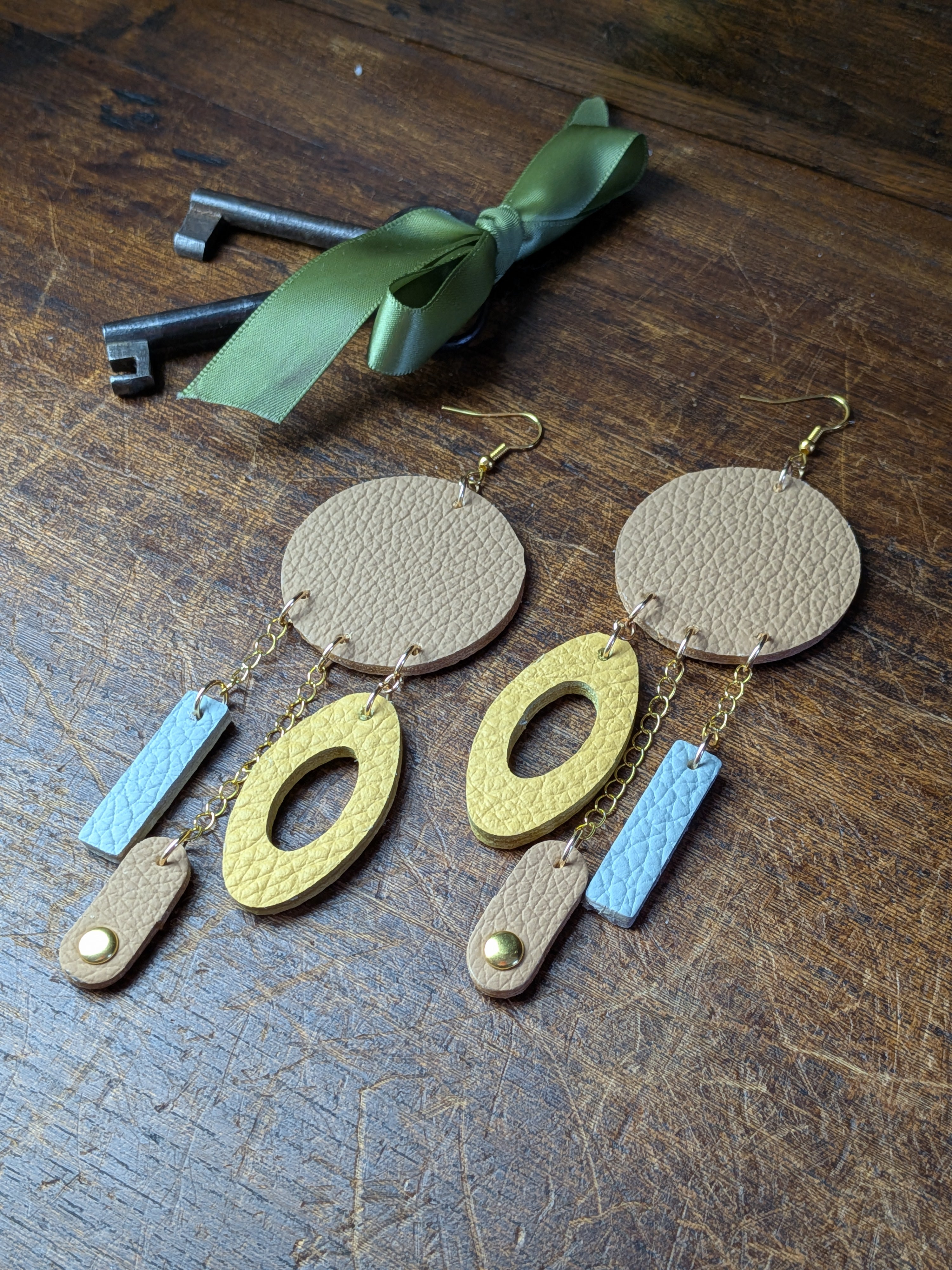 Sky & Sand Geometric Earrings – Long Statement Leather with Golden Accents