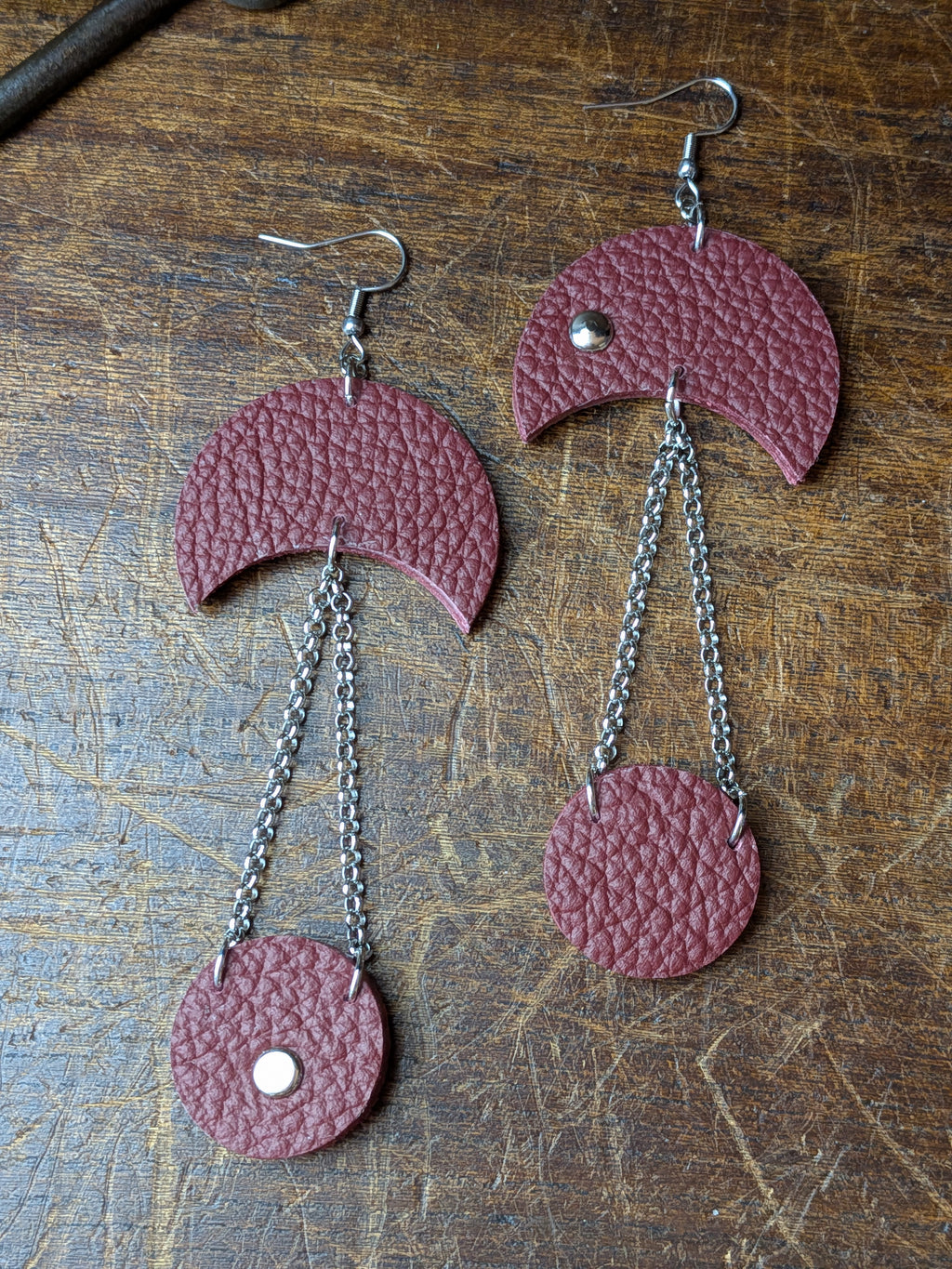 Deep Crimson Crescent Leather Earrings