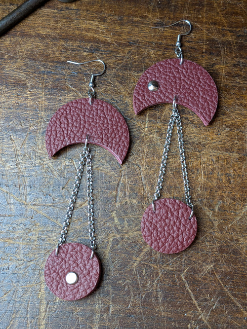 Deep Crimson Crescent Leather Earrings