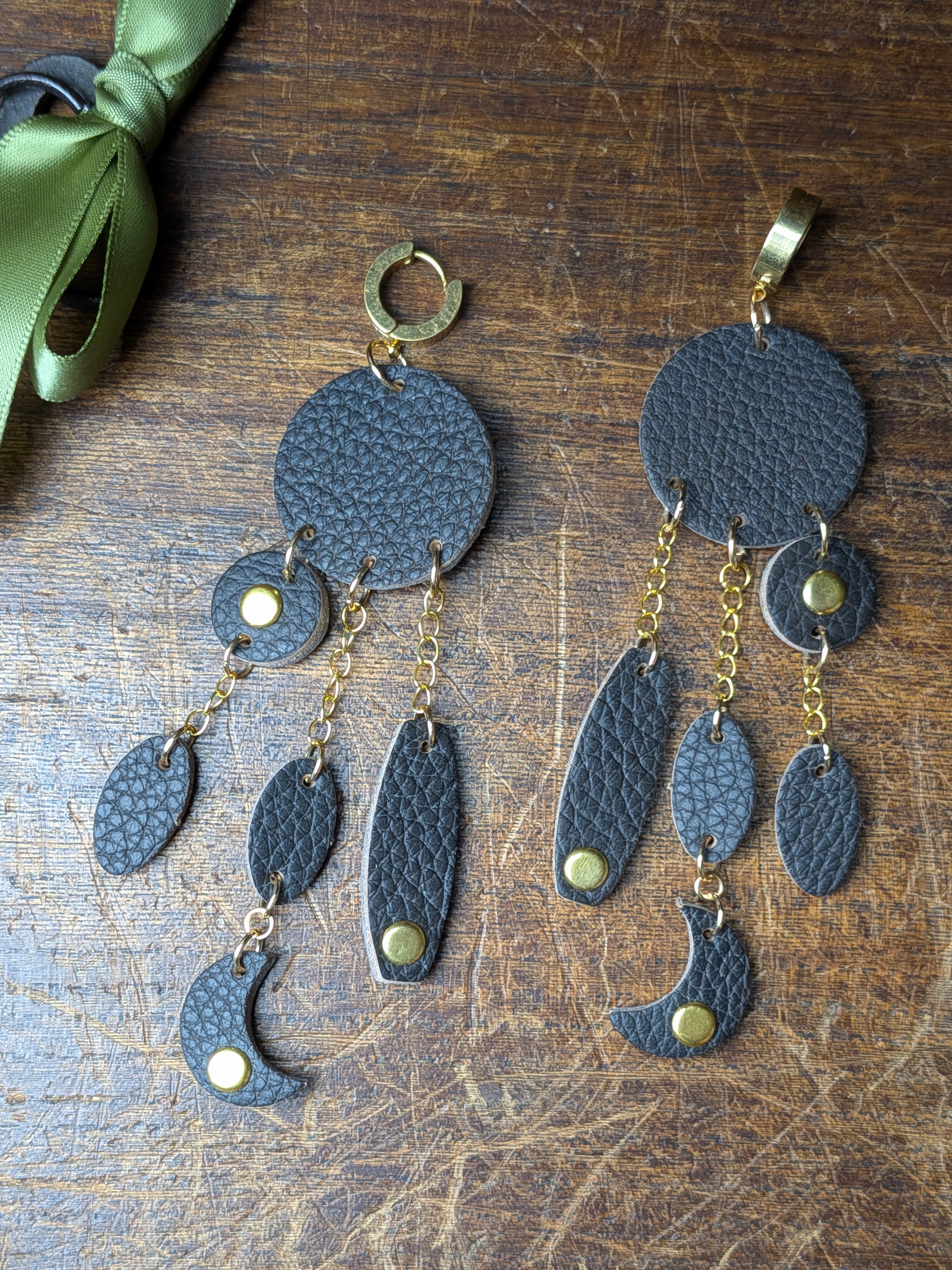 The Midnight Luna | Textured Dark Leather & Gold Moon Hoops