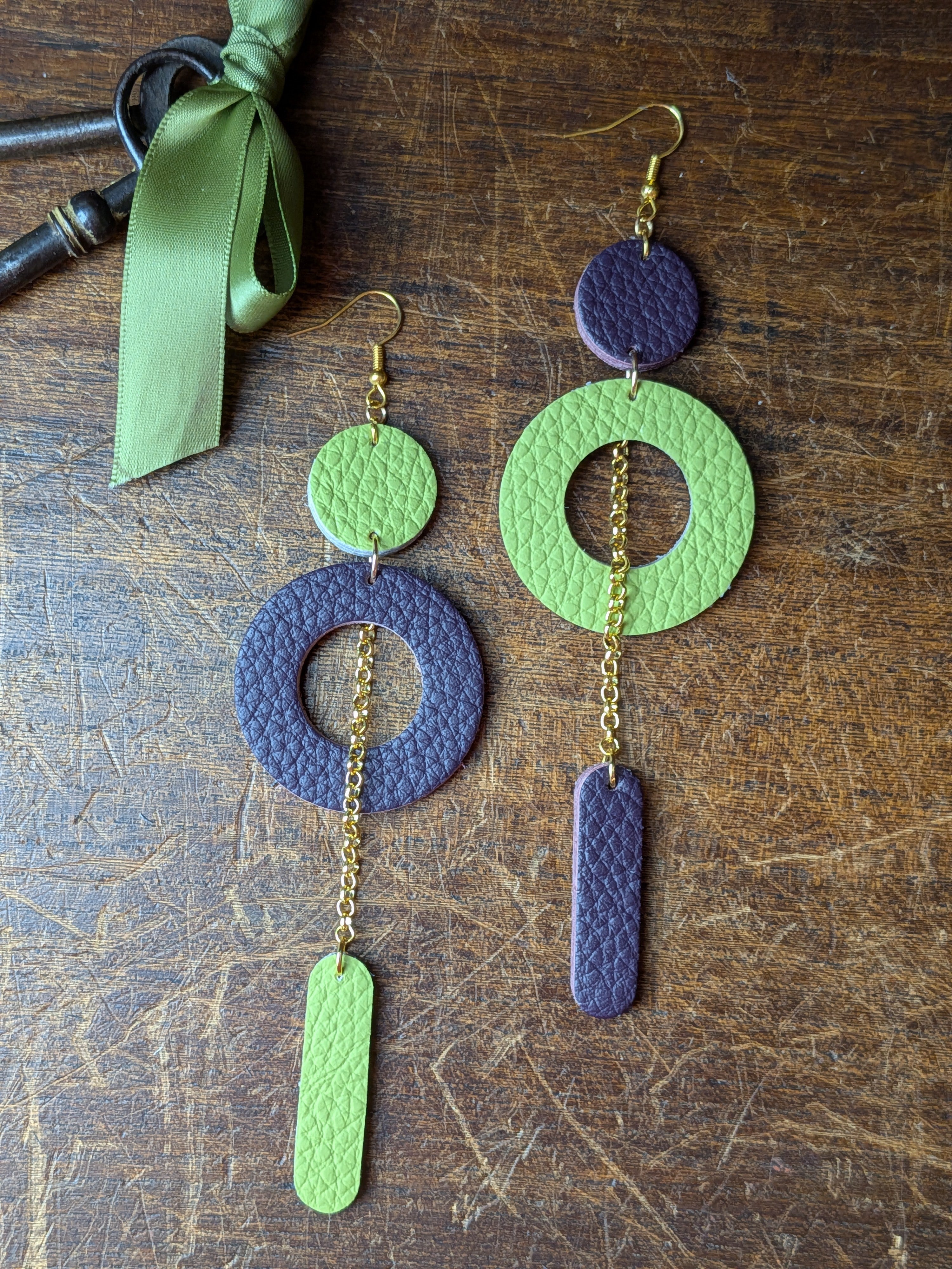 Lime & Aubergine Statement Drops | Hypoallergenic Leather Earrings