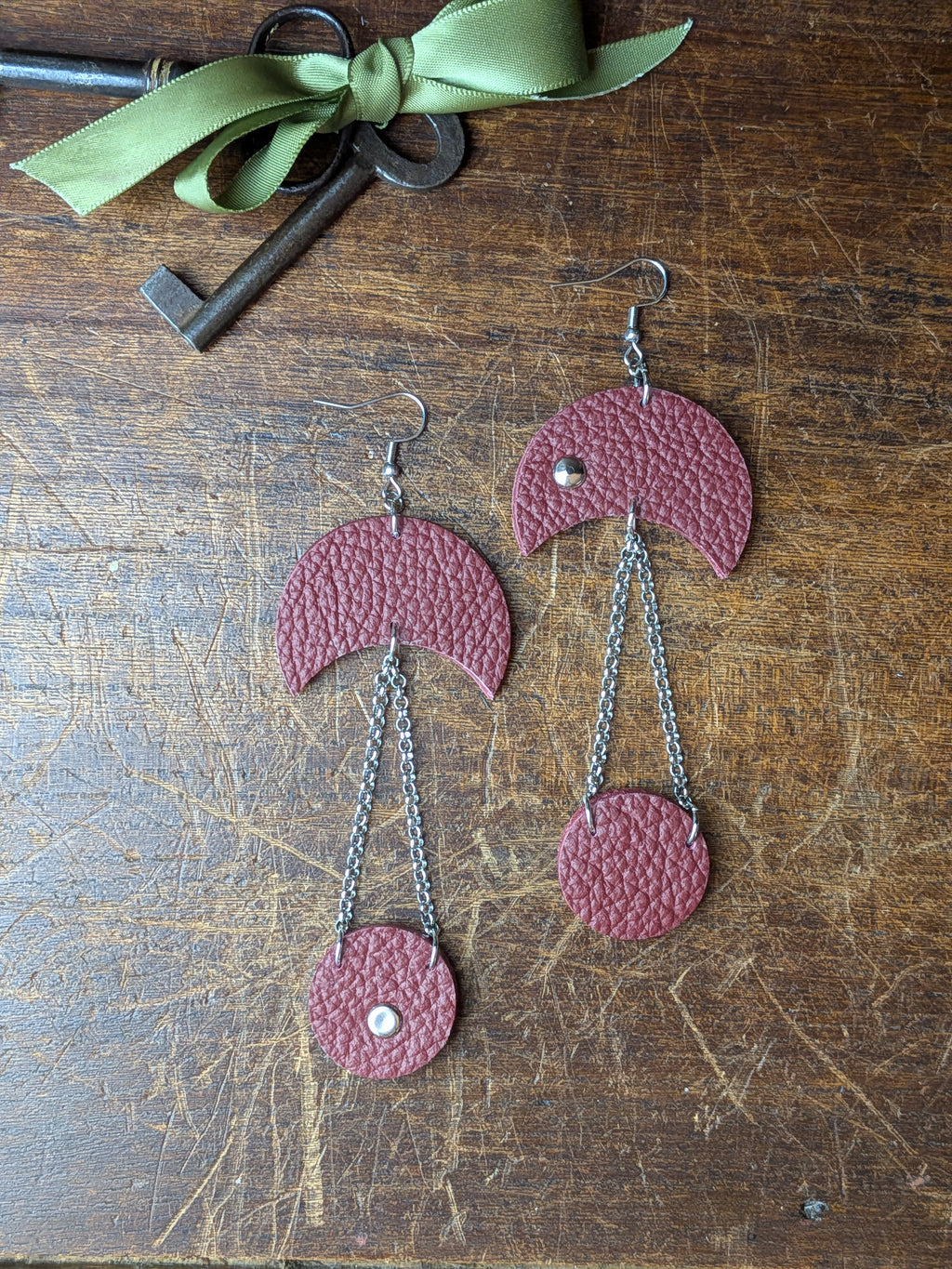 Deep Crimson Crescent Leather Earrings