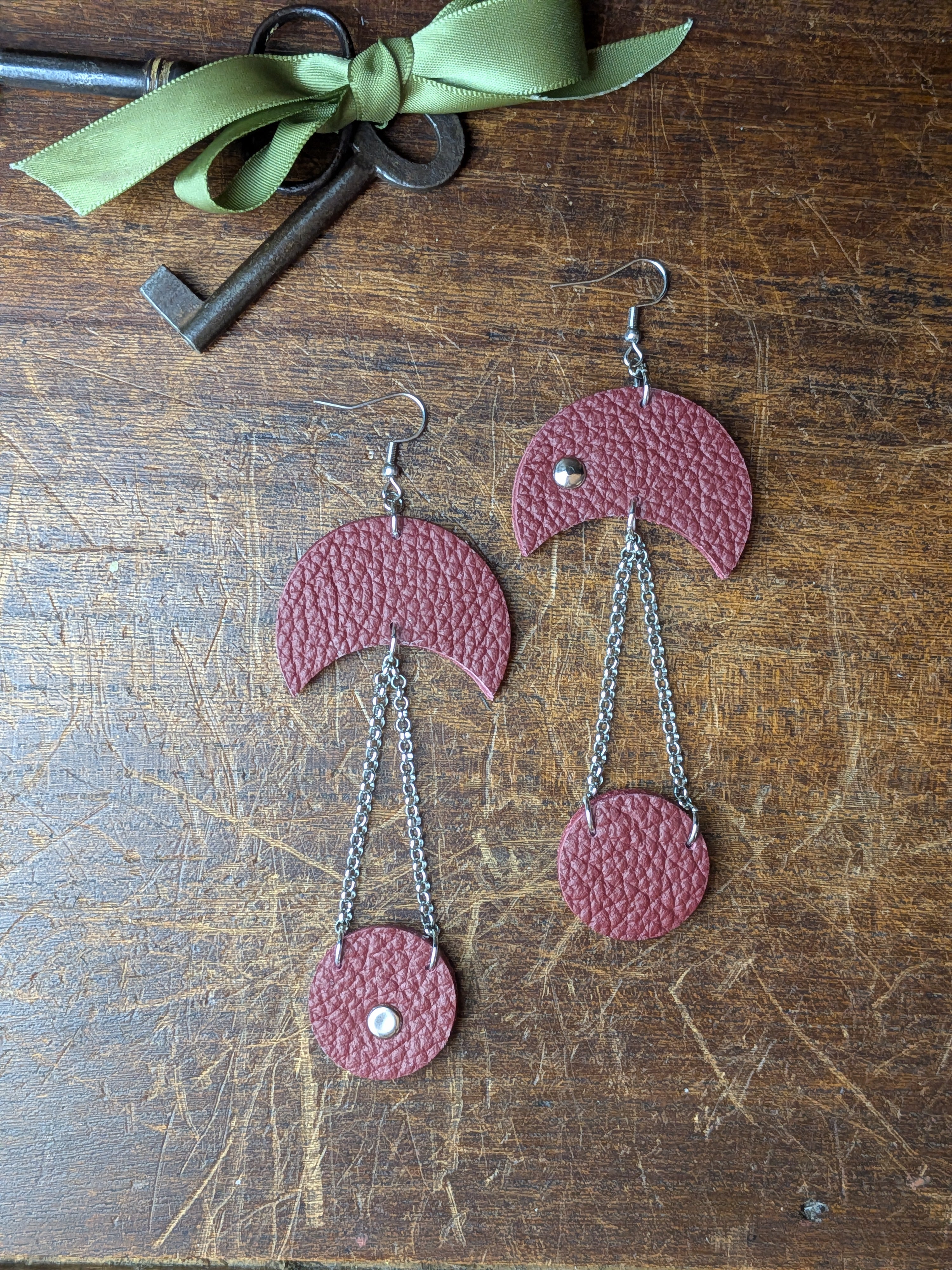 Deep Crimson Crescent Leather Earrings