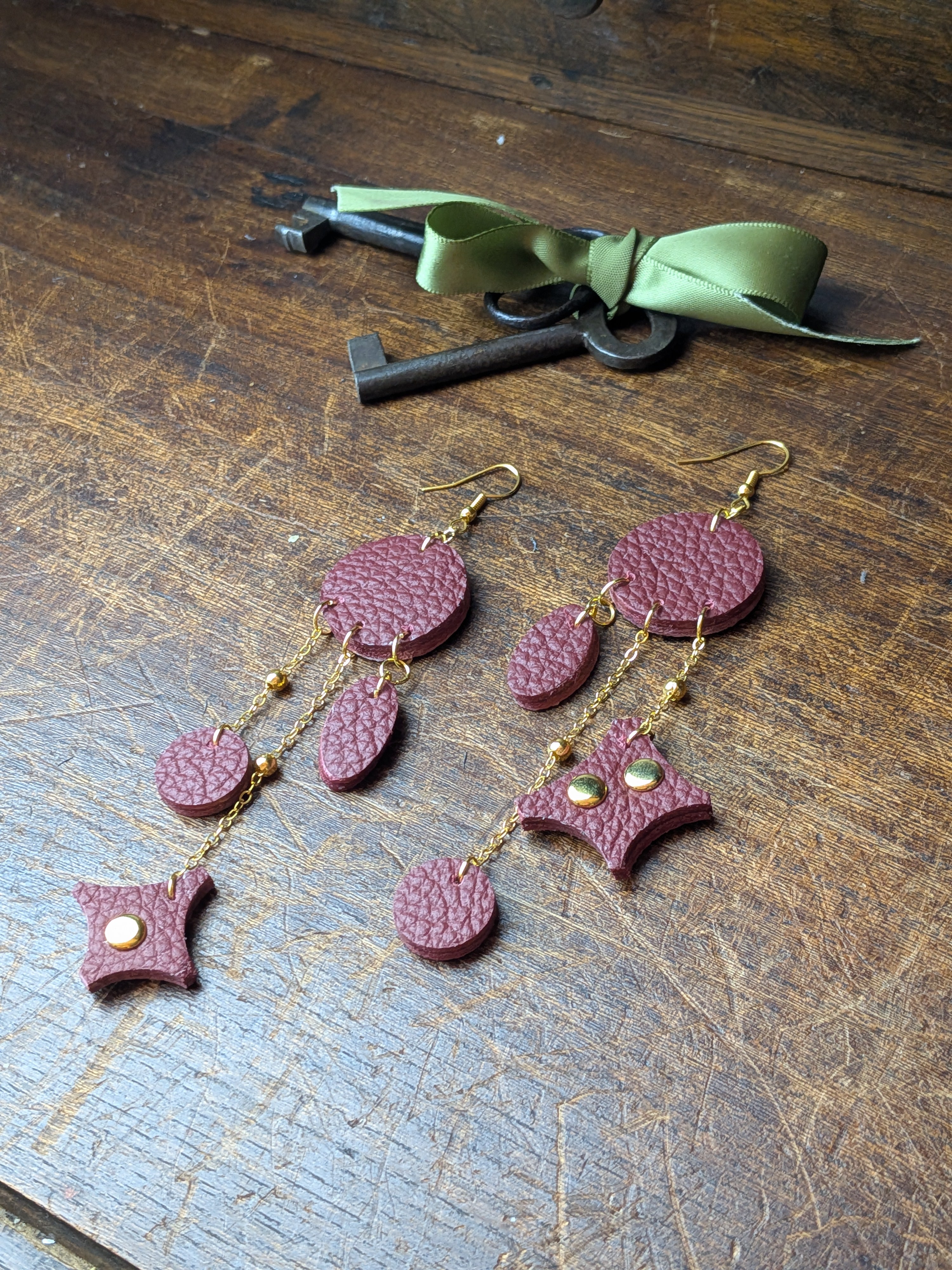 Deep Crimson & Gold Geometric Chandelier Earrings