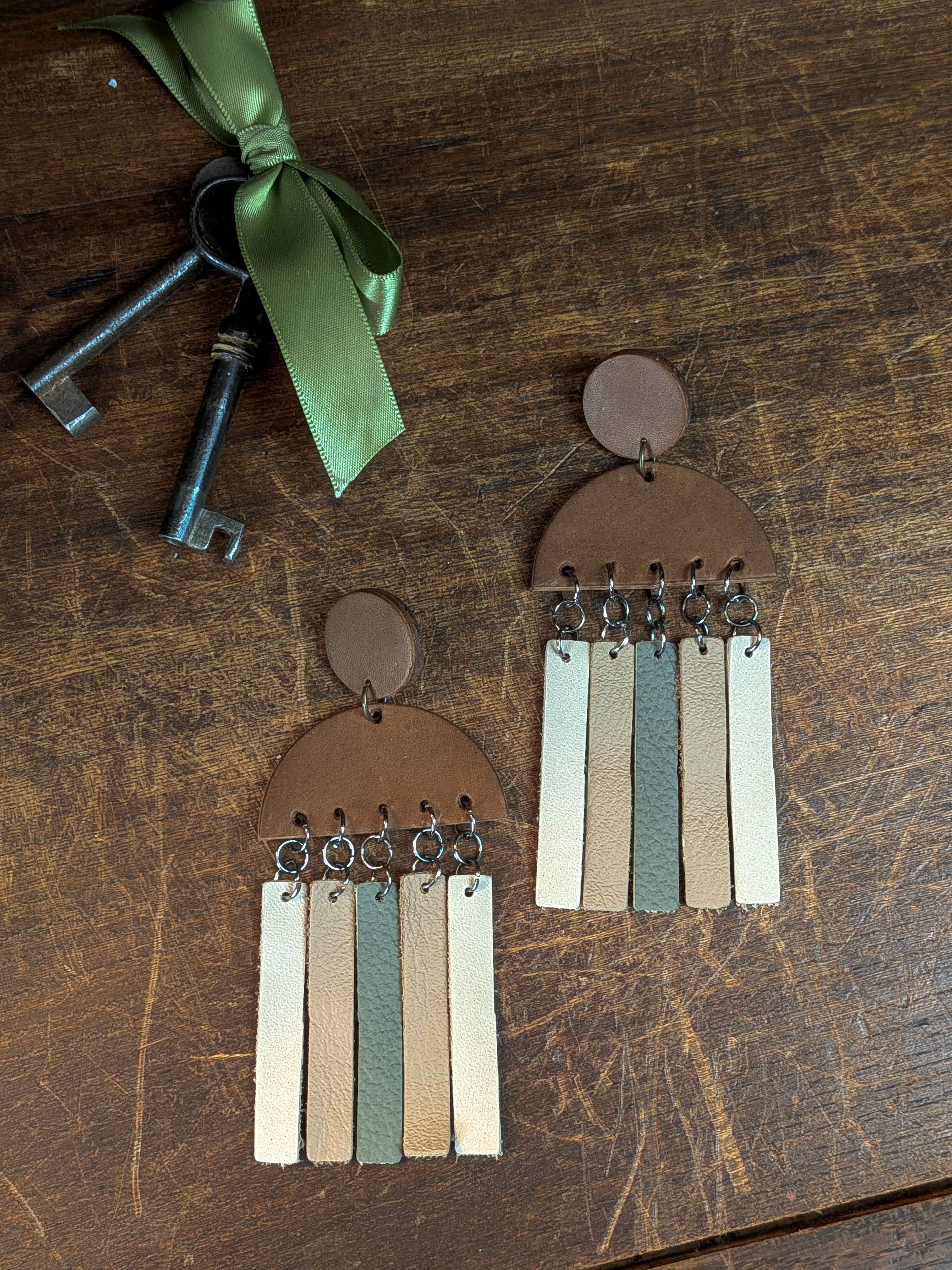 The Earth Code | Cognac & Sage Leather Fringe Studs