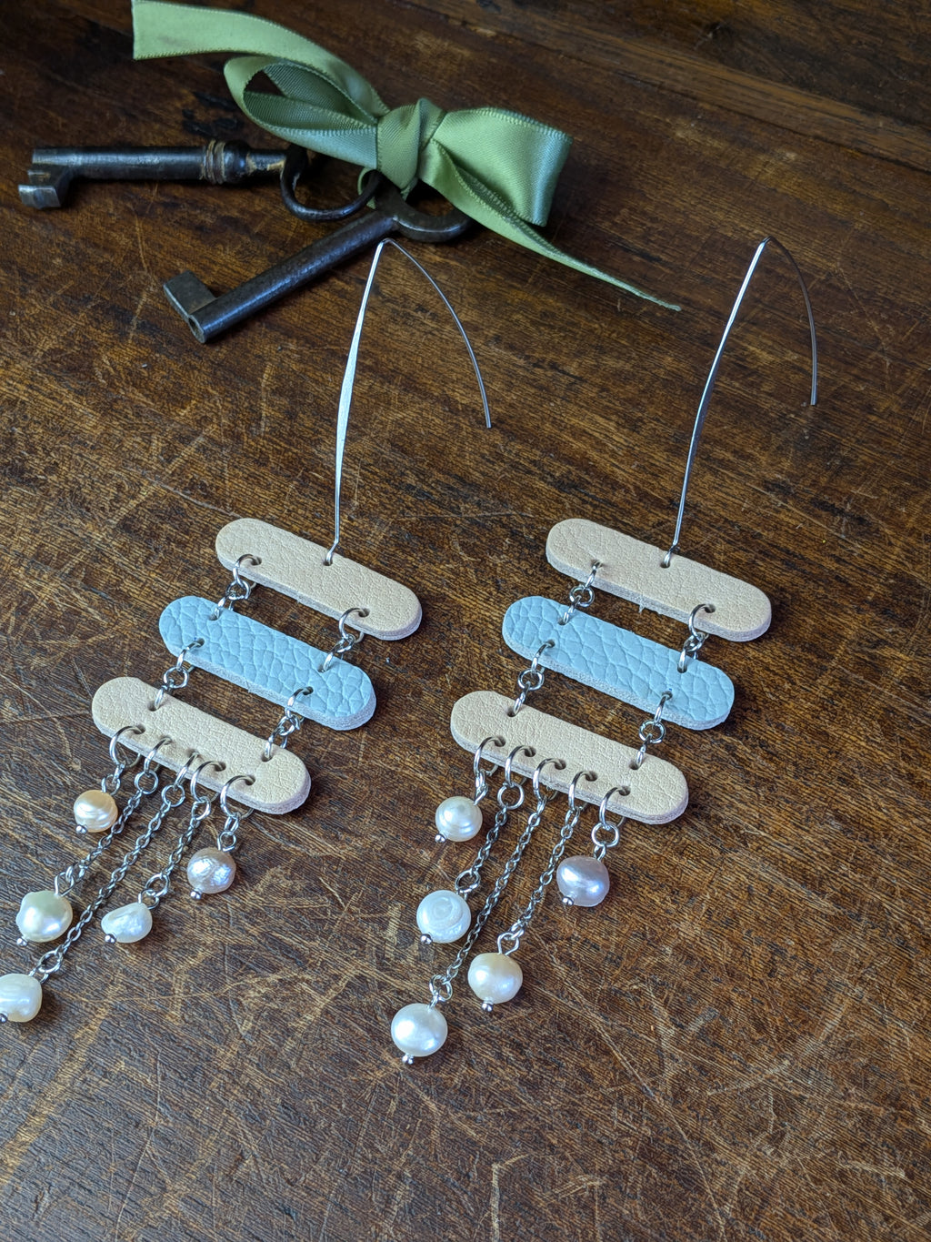 Freshwater Pearl & Leather Tiered Earrings