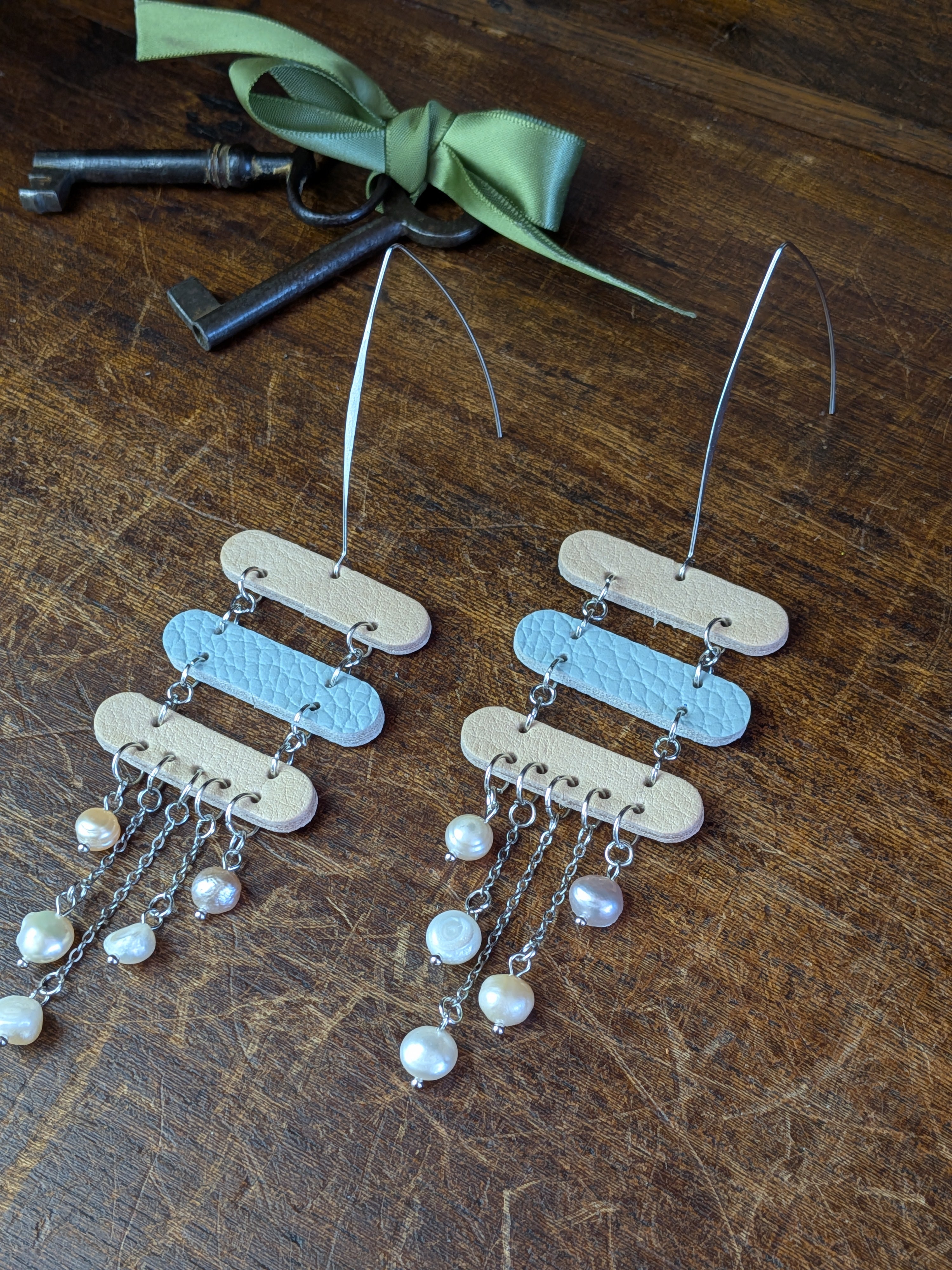 Freshwater Pearl & Leather Tiered Earrings