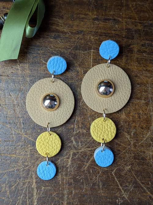 Azure Horizon Geometric Earrings – Long Statement Leather with Kinetic Fringe