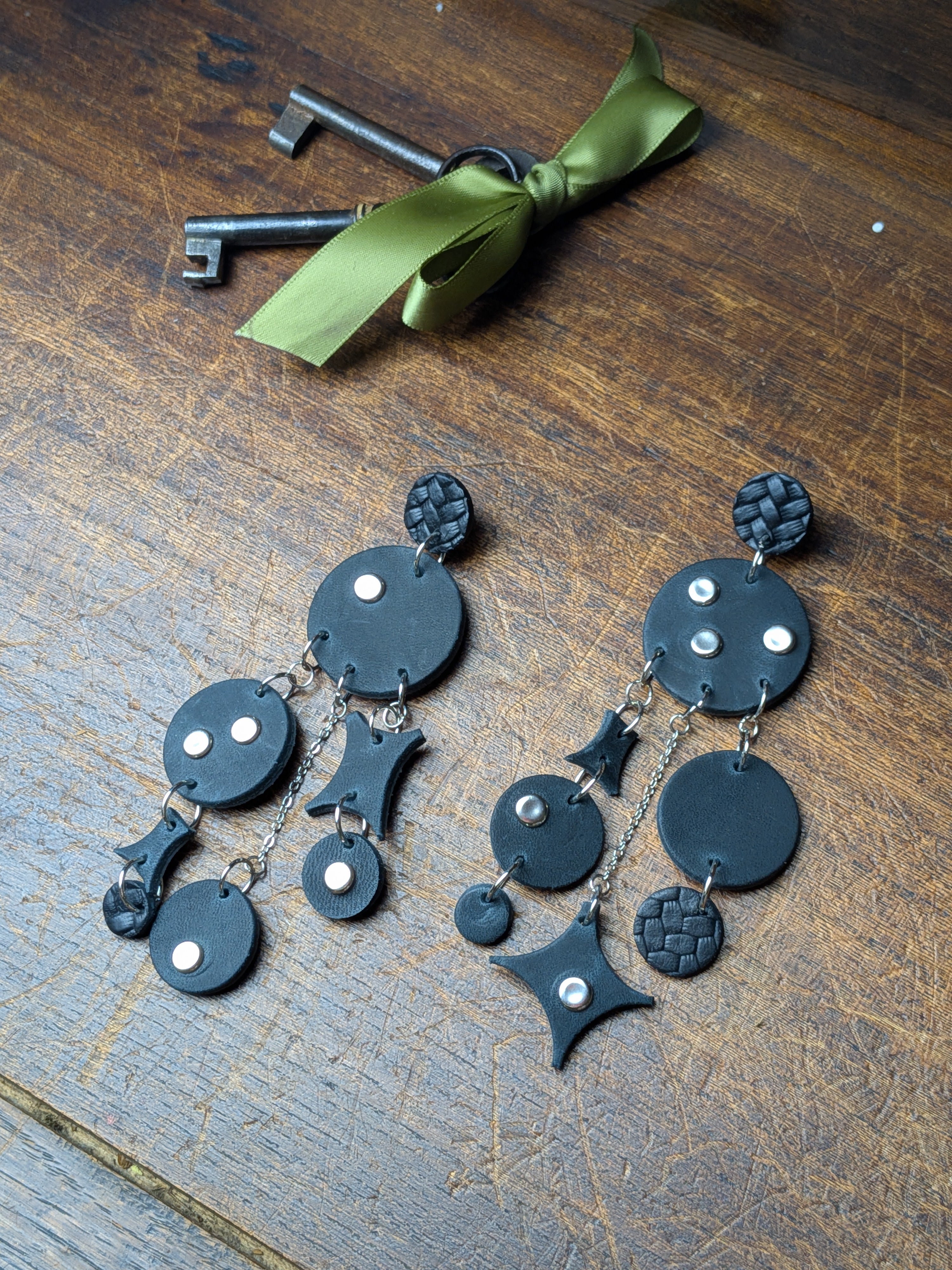 The Stellar Link | Matte & Textured Black Leather Asymmetric Chain Studs