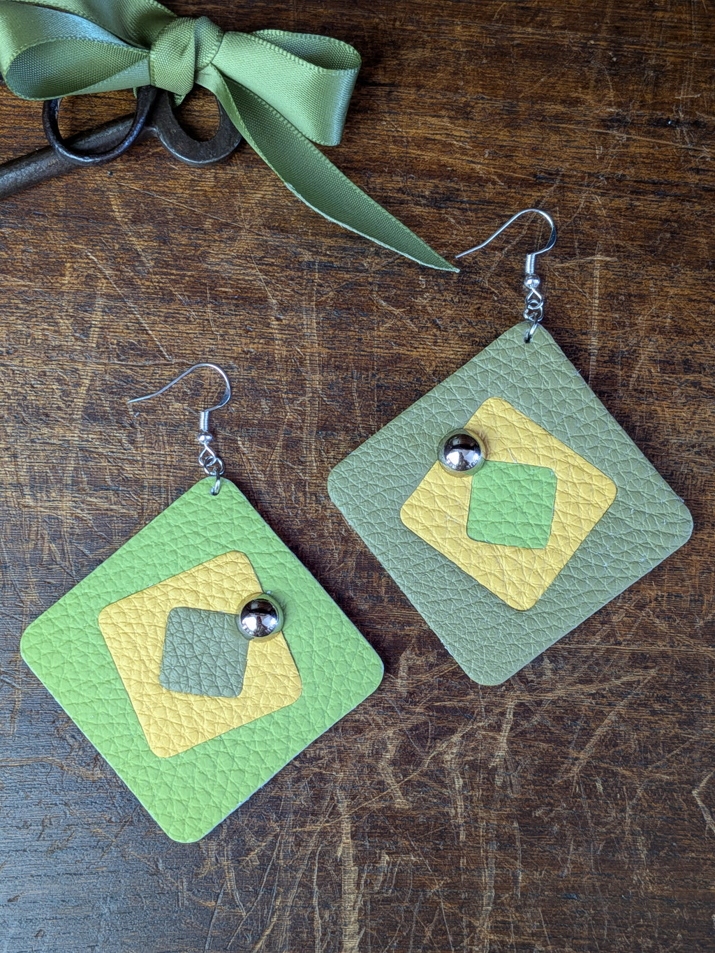 Lime & Olive Geometric Layered Earrings