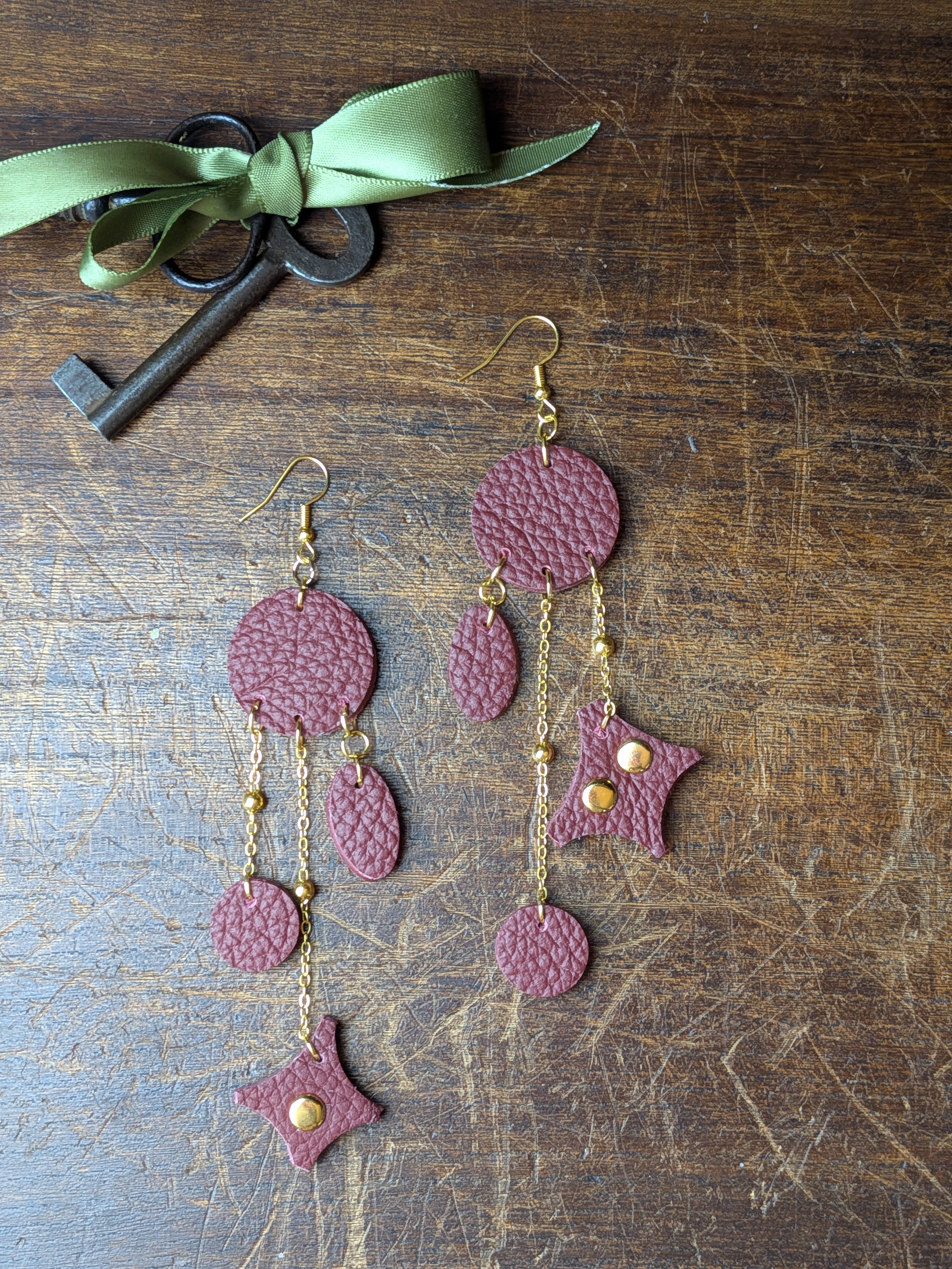 Deep Crimson & Gold Geometric Chandelier Earrings