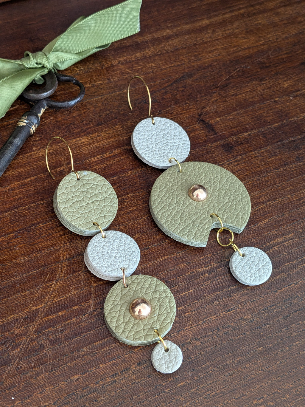 Olive & Grey Asymmetrical Circular Drop Earrings