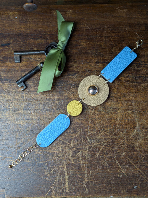 Azure Horizon Transformer – 4-in-1 Multi-Way Leather Accessory in Blue, Yellow & Sand