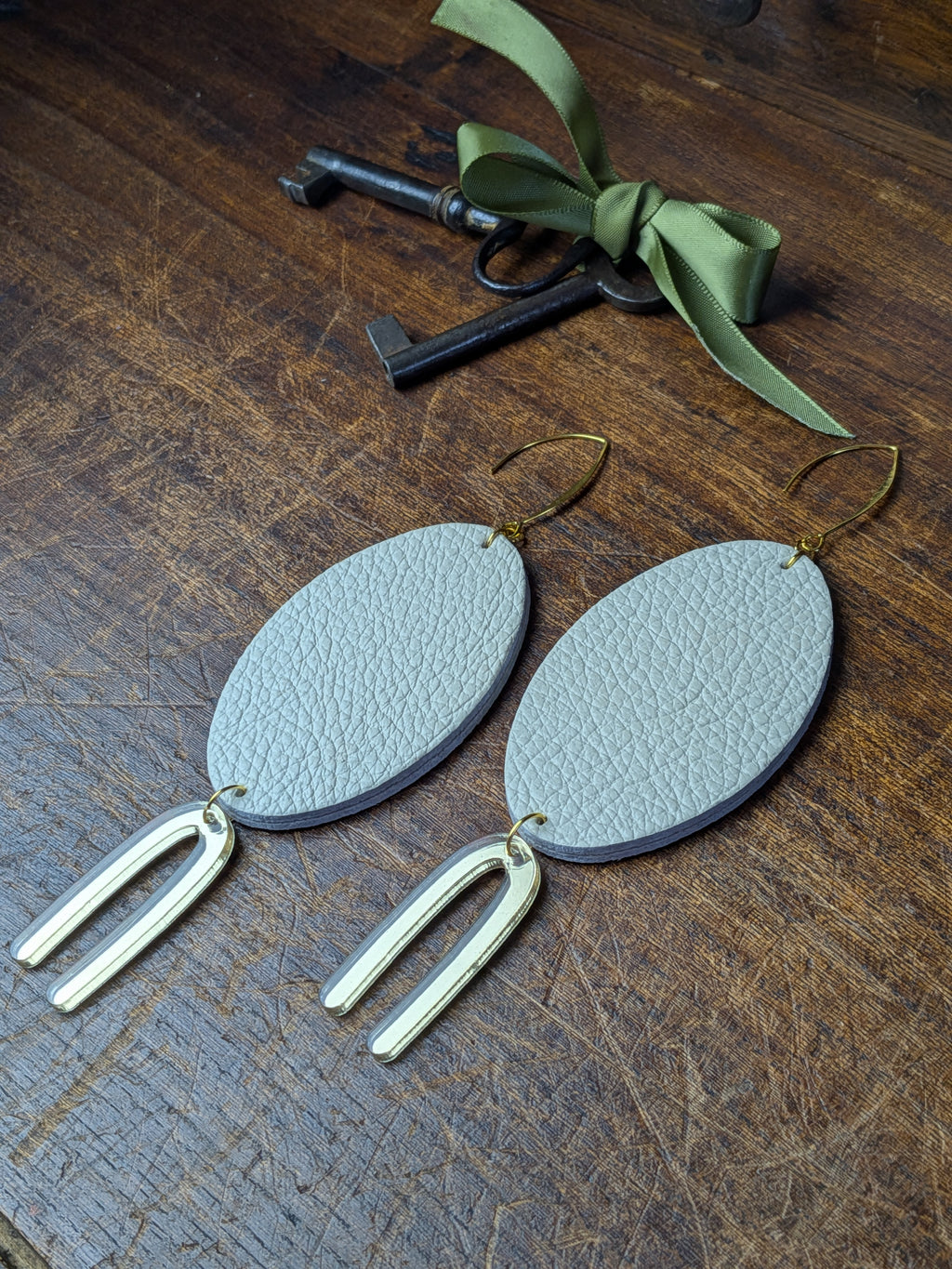 Arched Mirror & Pebble Leather Statement Earrings