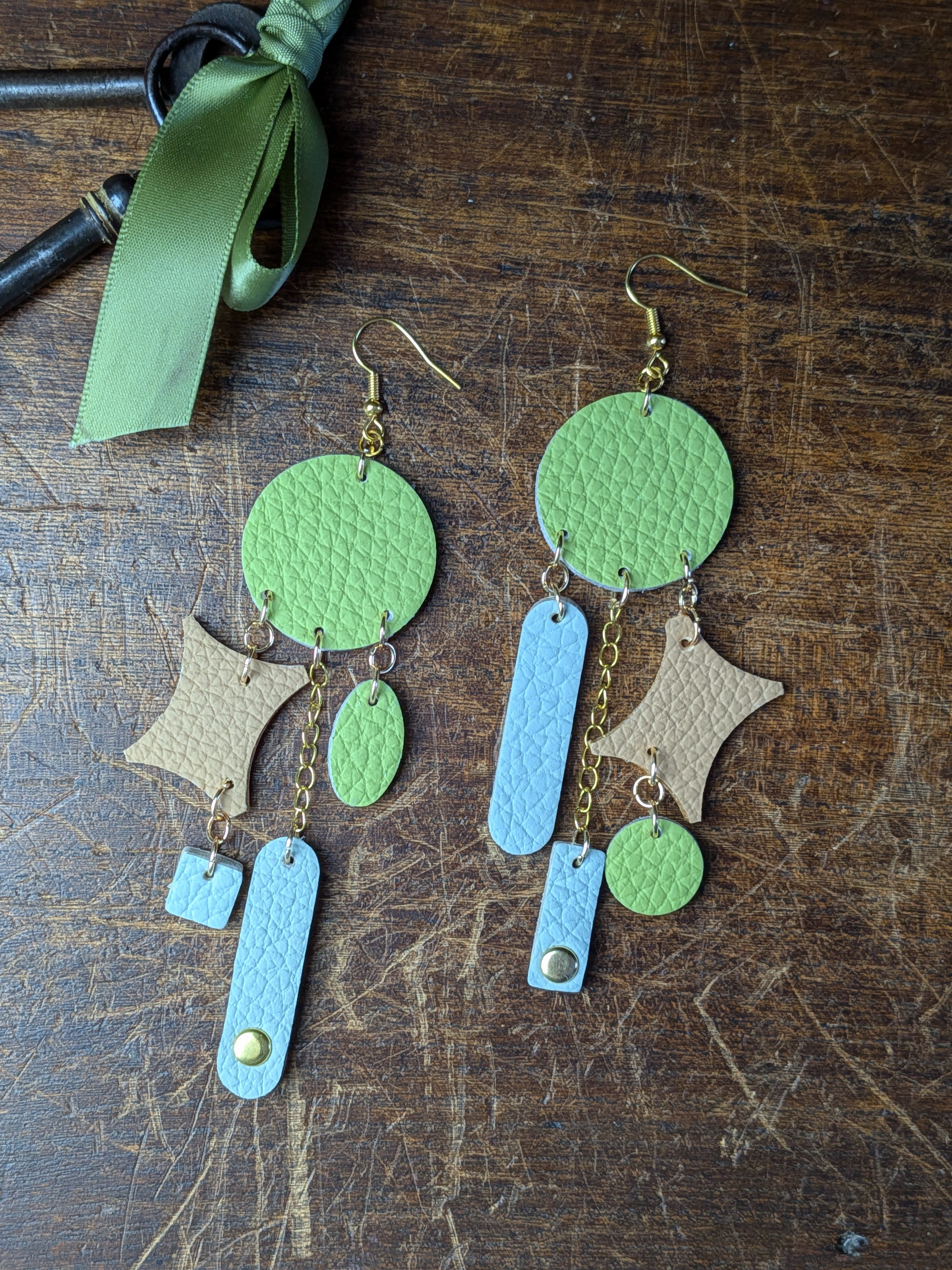 Spring Muse Earrings – Long Layered Leather in Sage & Sky Blue