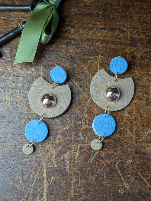 Celestial Sky Earrings – Azure & Beige Leather with Integrated Gold Posts