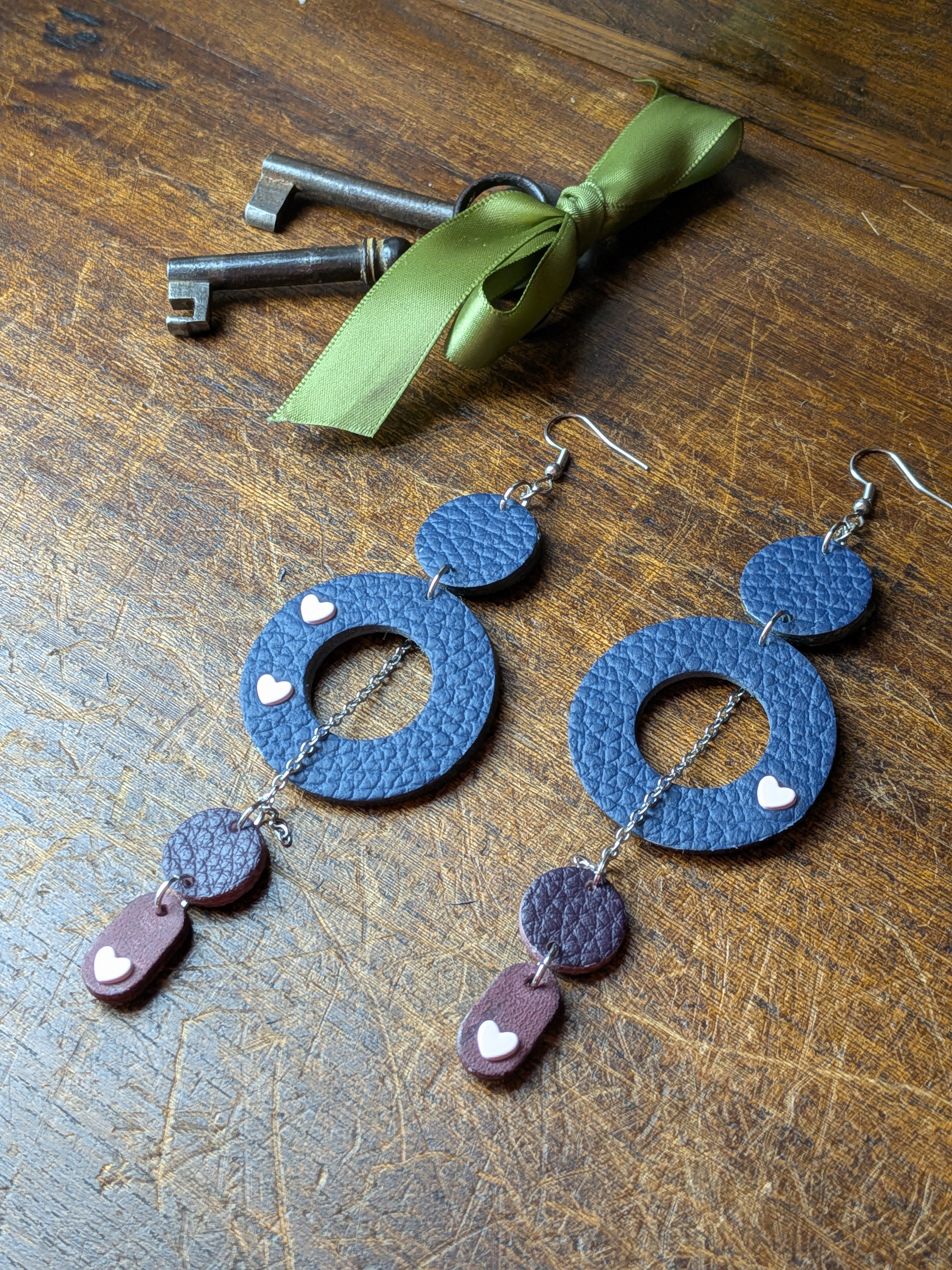 Midnight Heart Asymmetric Drops – Navy, Aubergine & Wine Leather Earrings