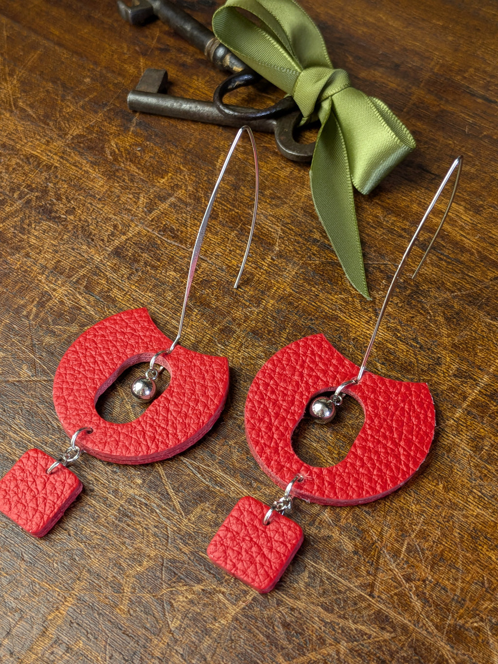Scarlet Pulse Geometric Leather Earrings