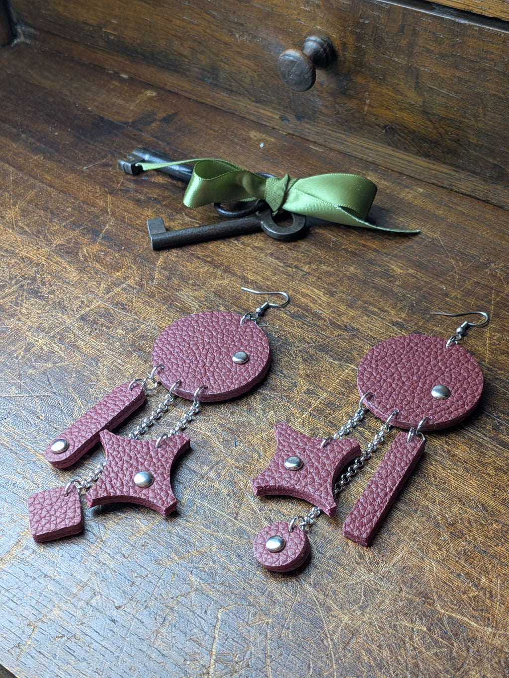 Deep Crimson Geometric Leather Statement Earrings