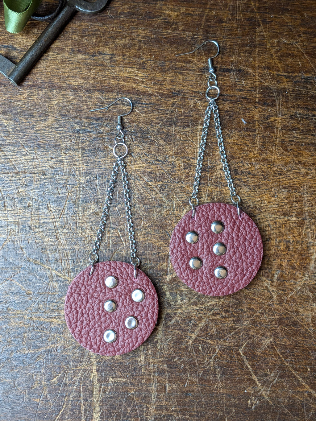 Deep Crimson Circular Studded Leather Earrings