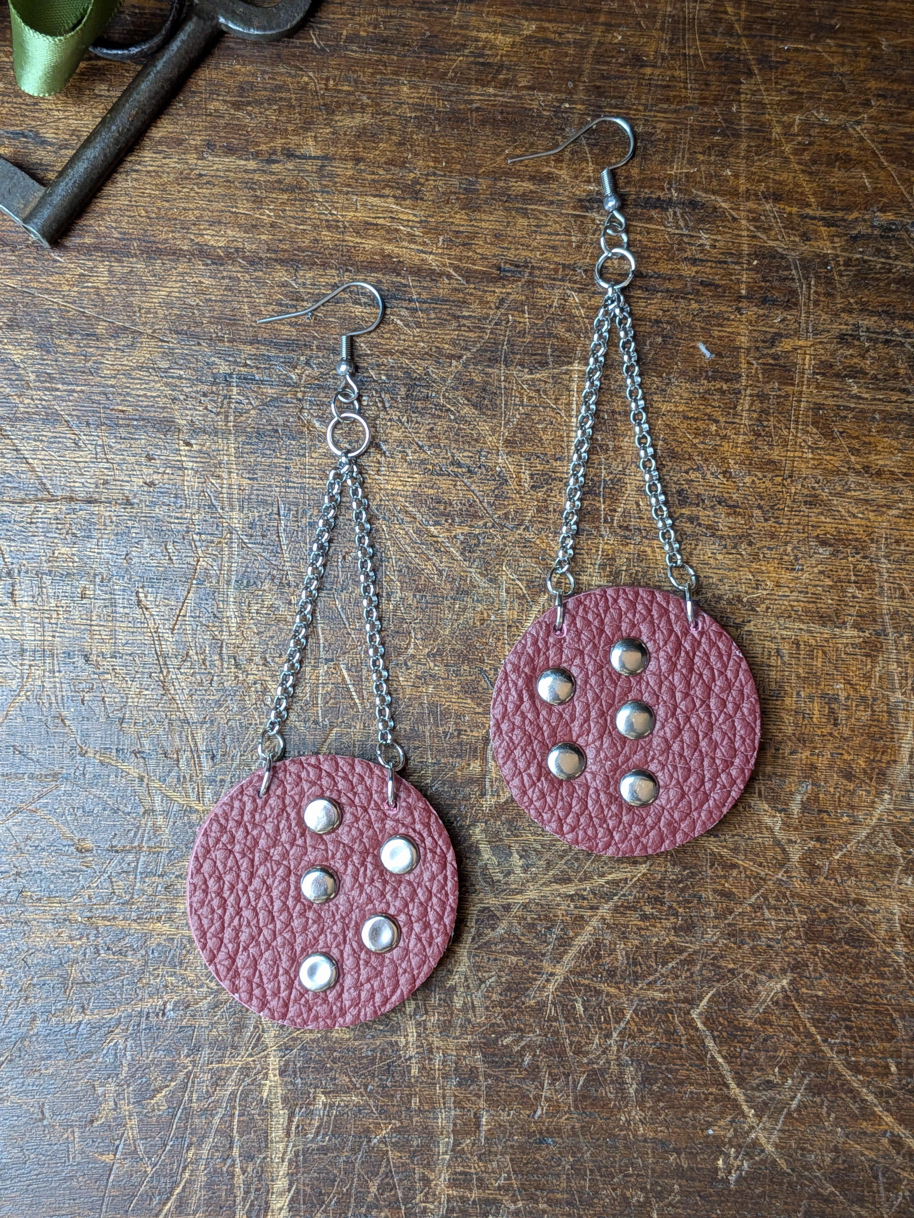 Deep Crimson Circular Studded Leather Earrings