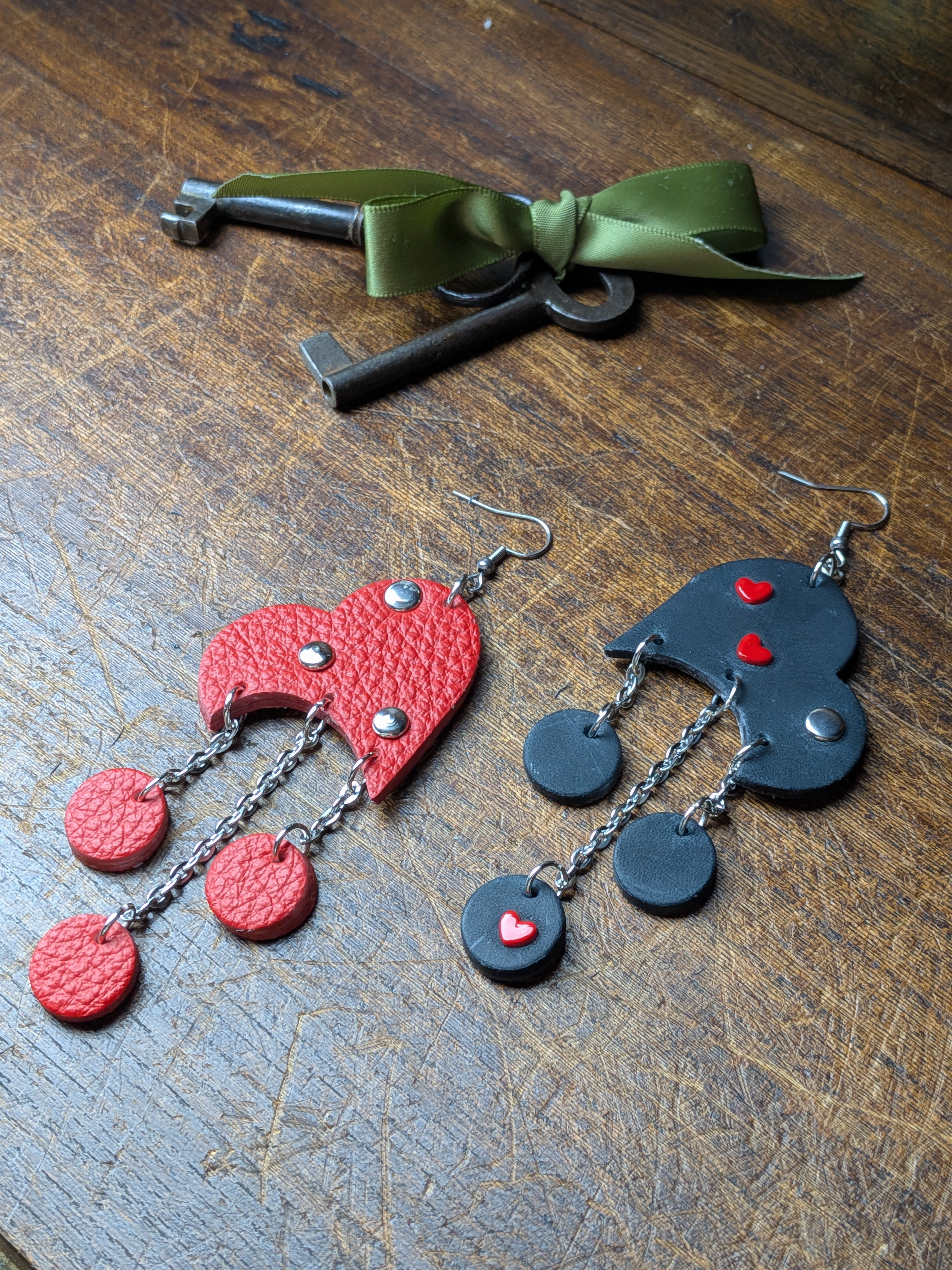 Heart & Shadow Asymmetric Drops – Bold Red & Black Leather Statement Earrings