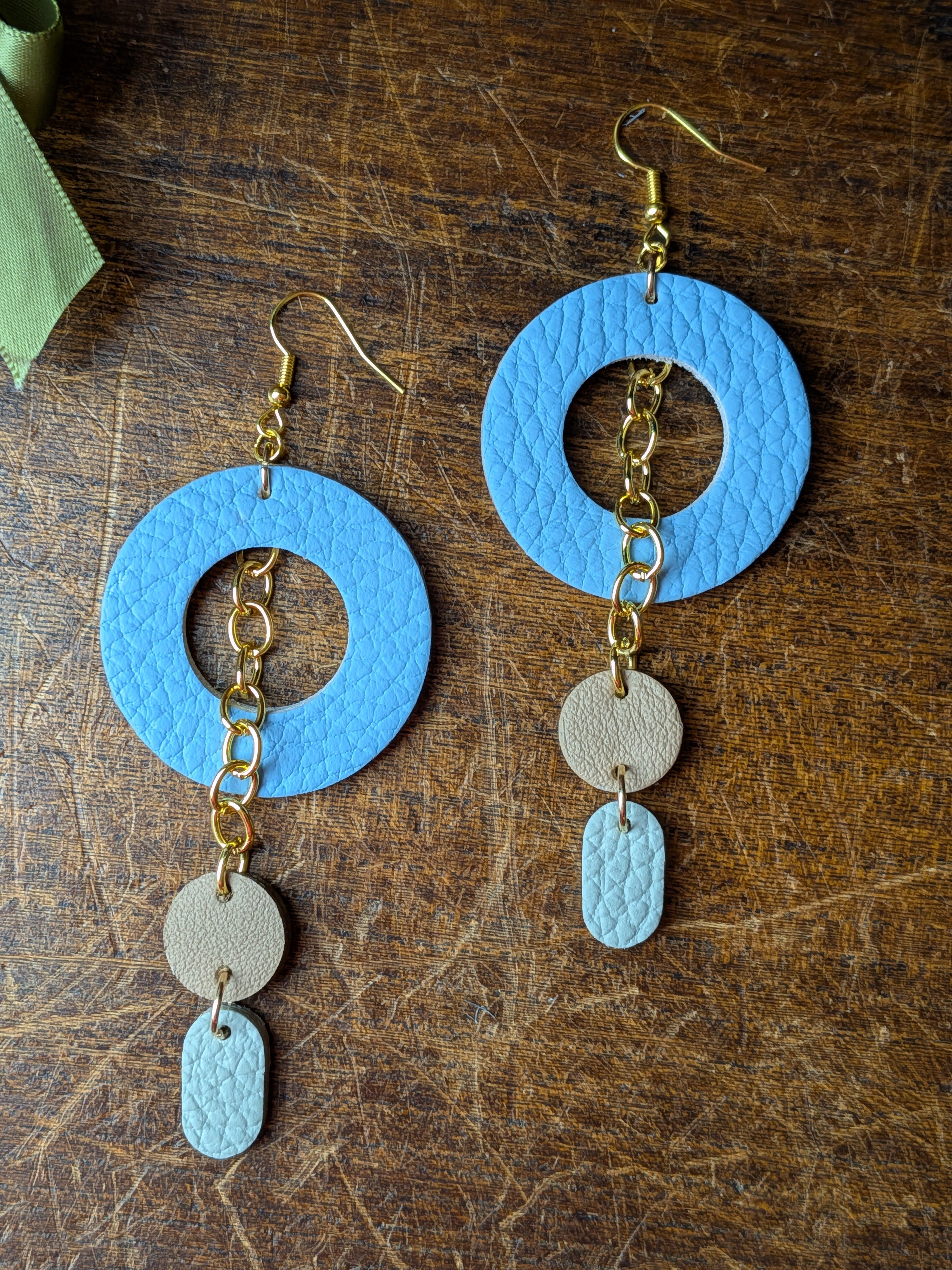 Sky Blue & Dusty Teal Geometric Earrings – Pastel Layered Leather Drops