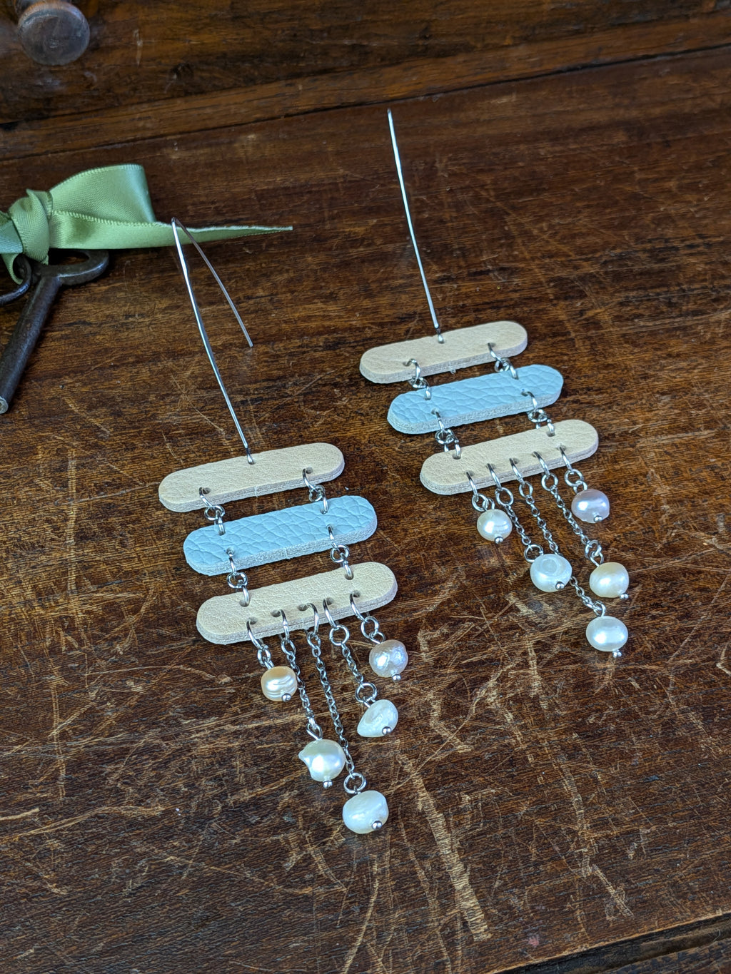 Freshwater Pearl & Leather Tiered Earrings