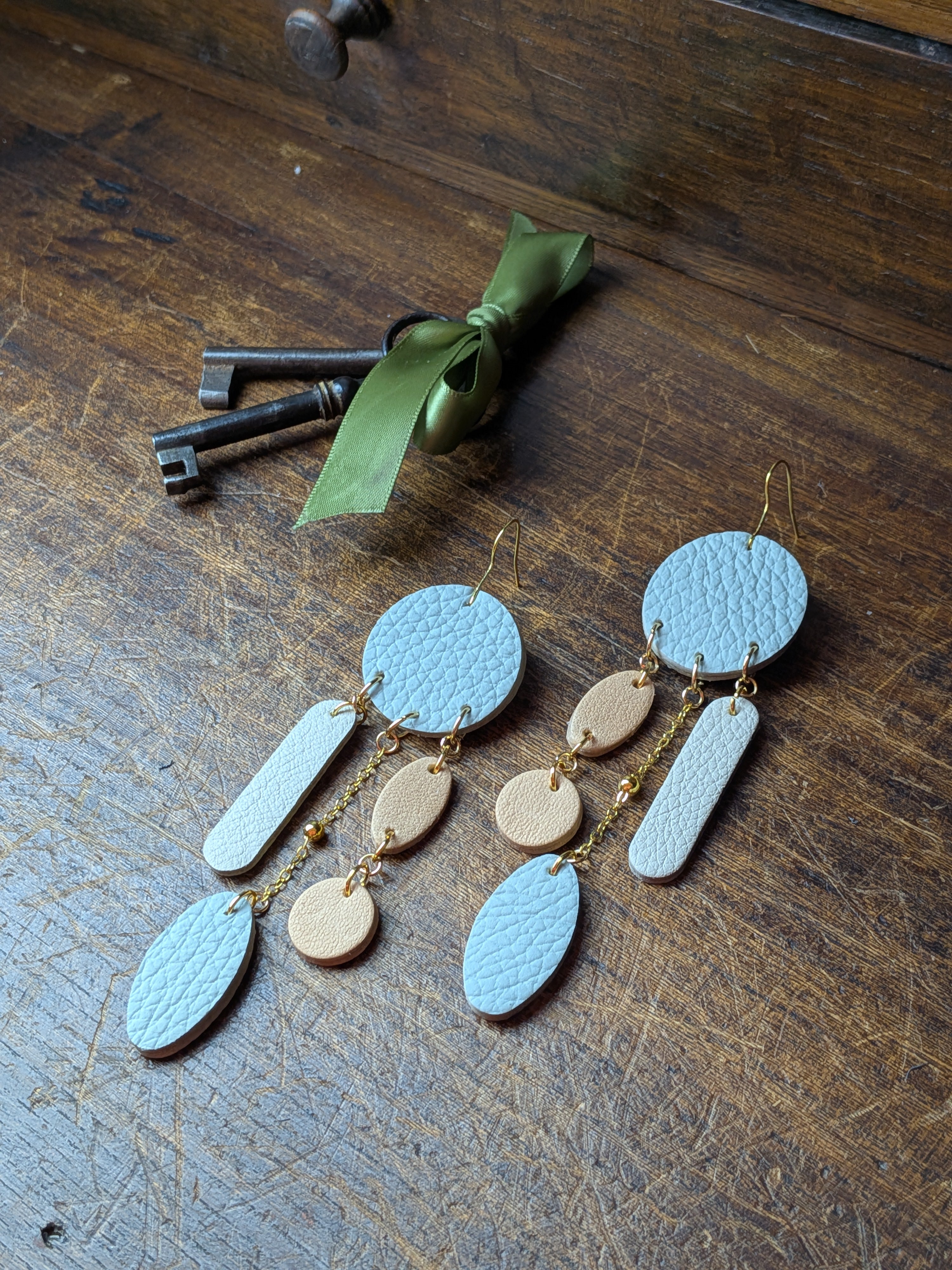 Sky Blue & Sand Geometric Earrings – Azure & Beige Layered Leather Drops