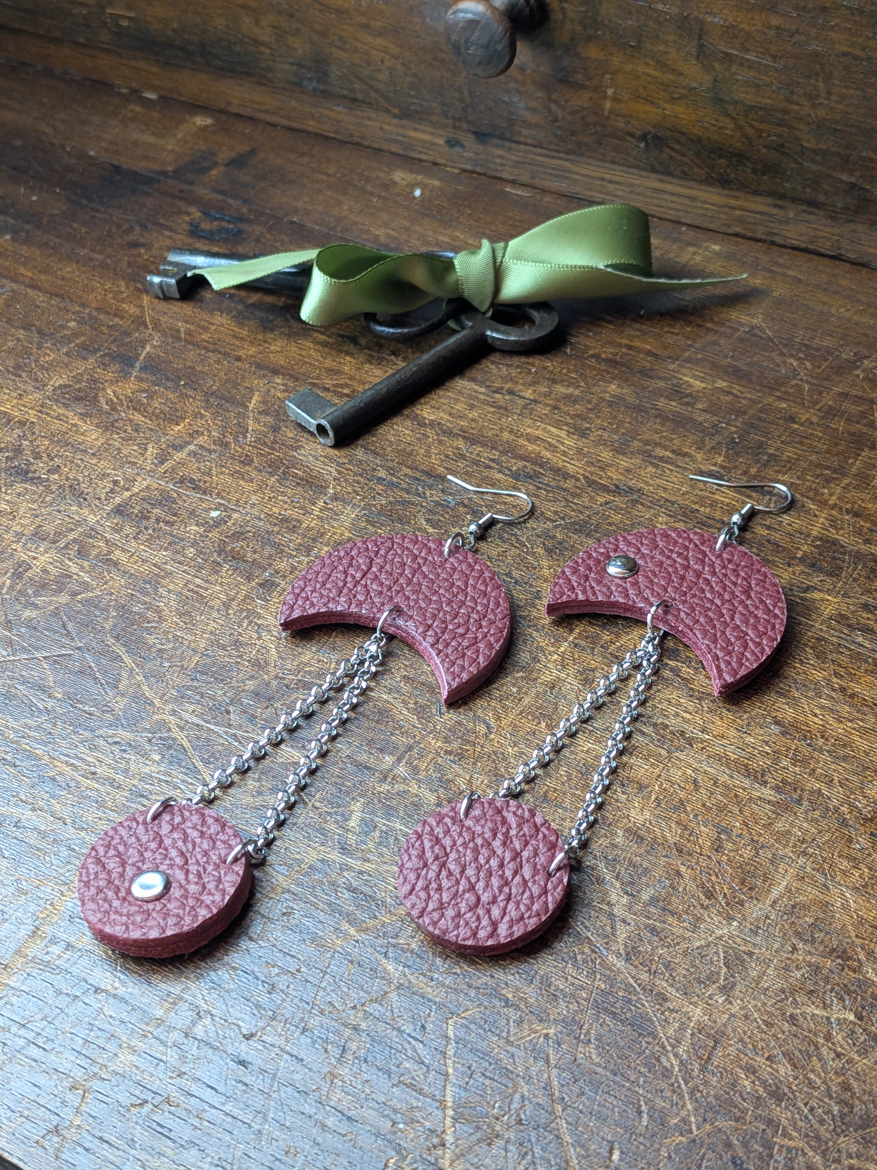 Deep Crimson Crescent Leather Earrings