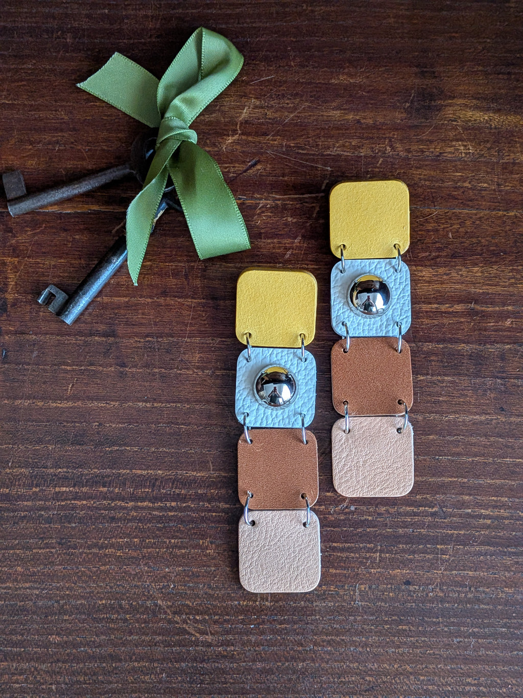 Ochre & Earth Mosaic Stud Drop Earrings