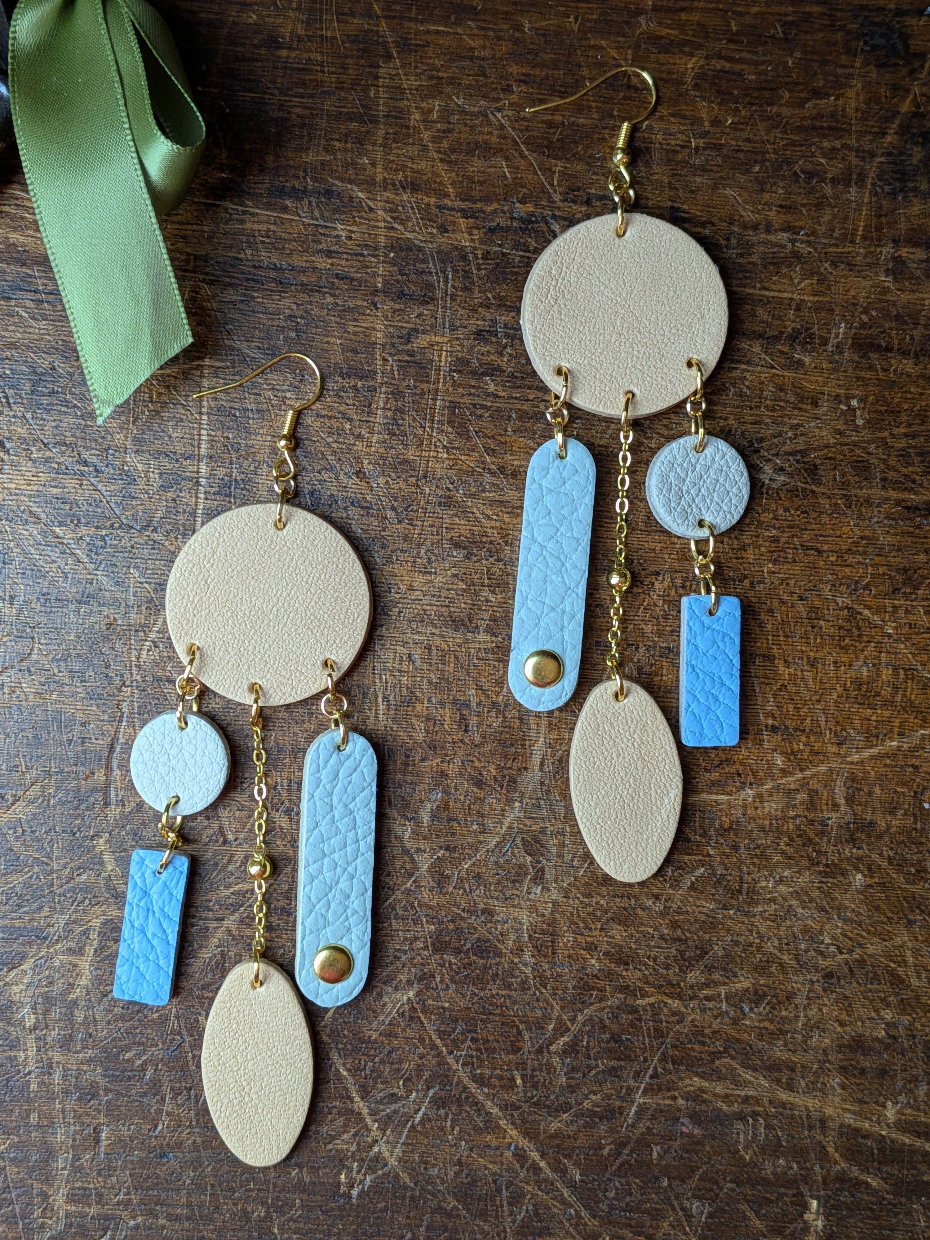 Pearl & Sand Geometric Earrings – Cream & Beige Layered Leather Drops