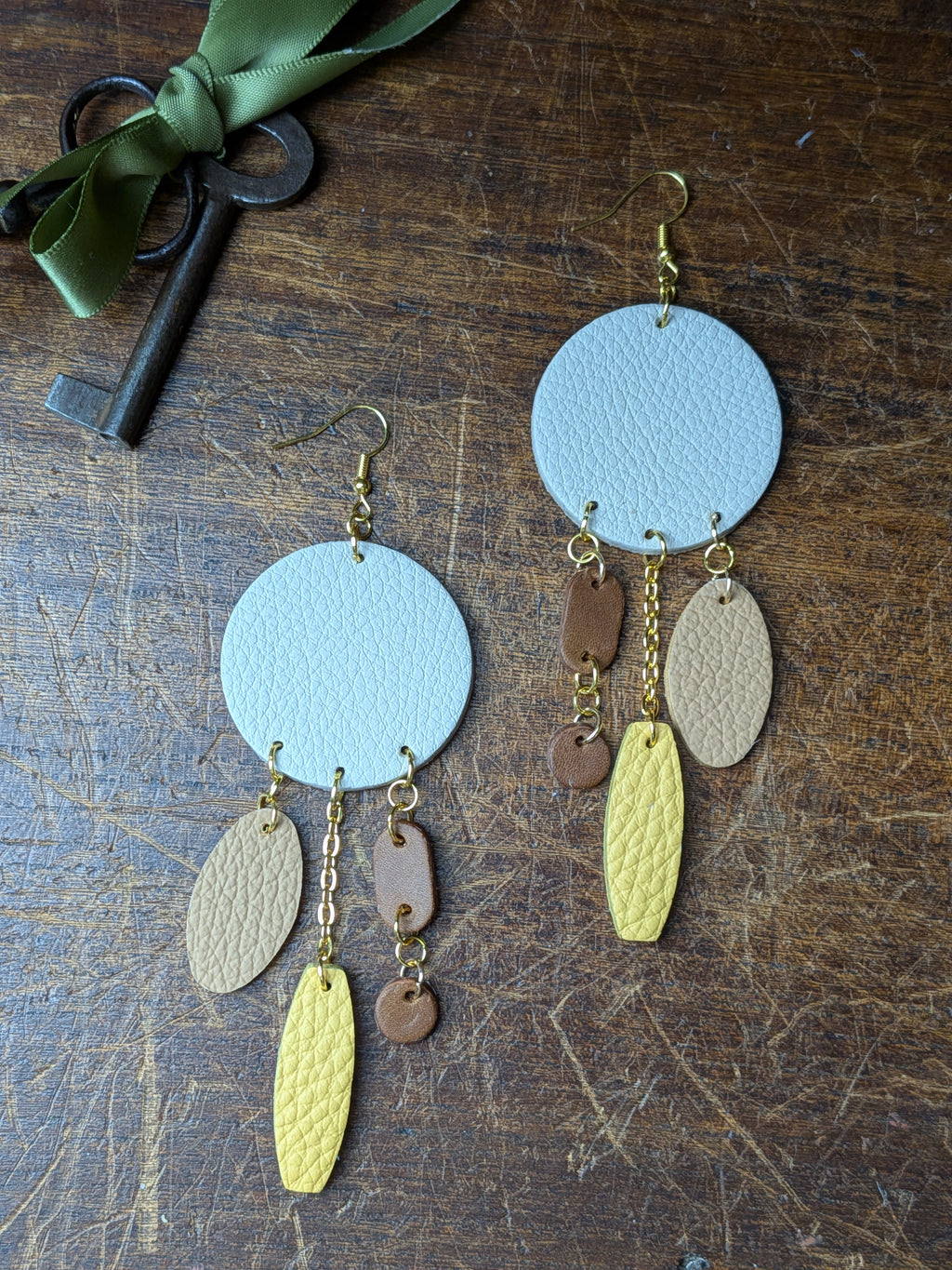 Skyline Muse Earrings – Azure & Lemon Textured Leather Drops with Golden Chains