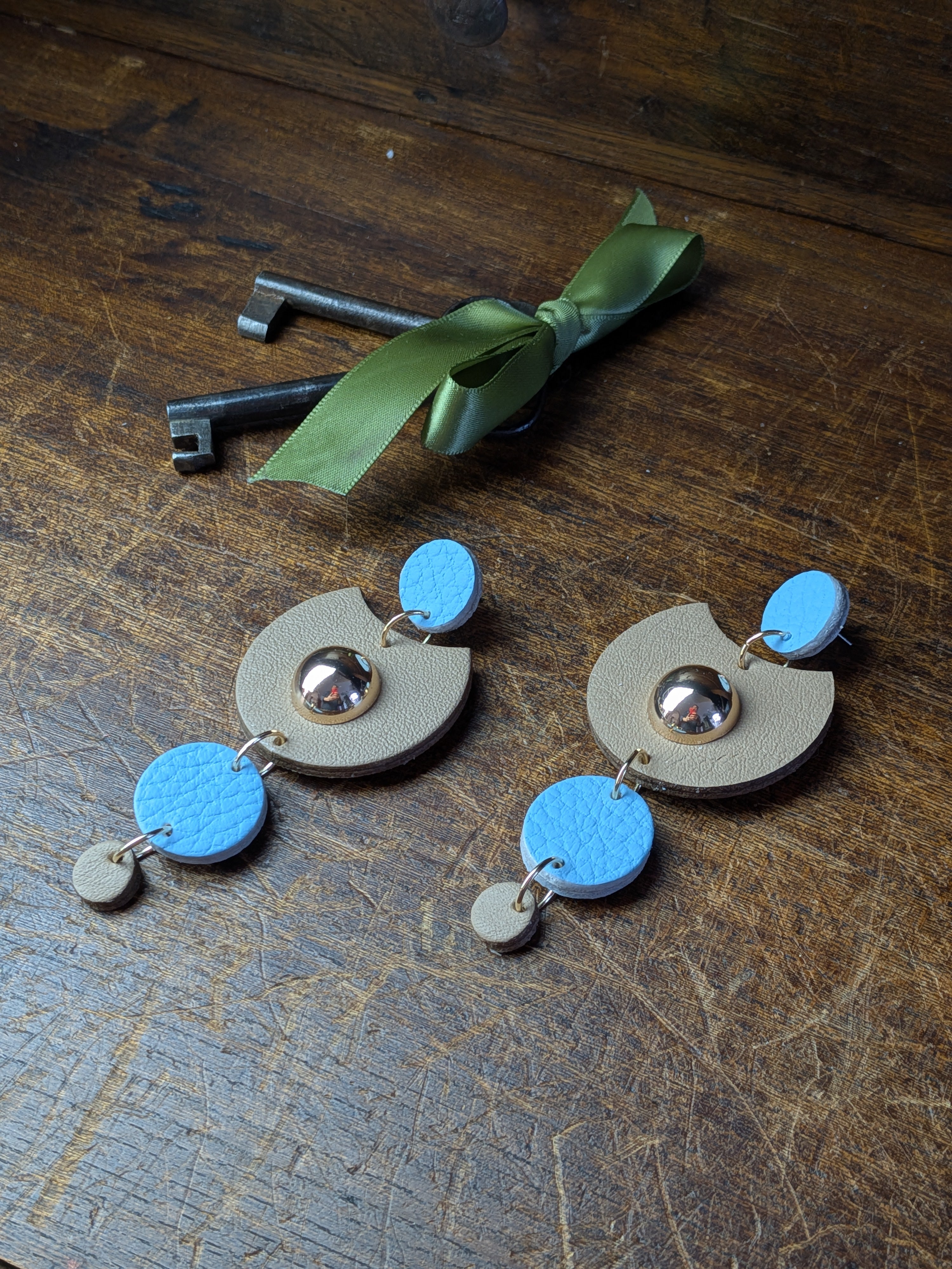 Celestial Sky Earrings – Azure & Beige Leather with Integrated Gold Posts