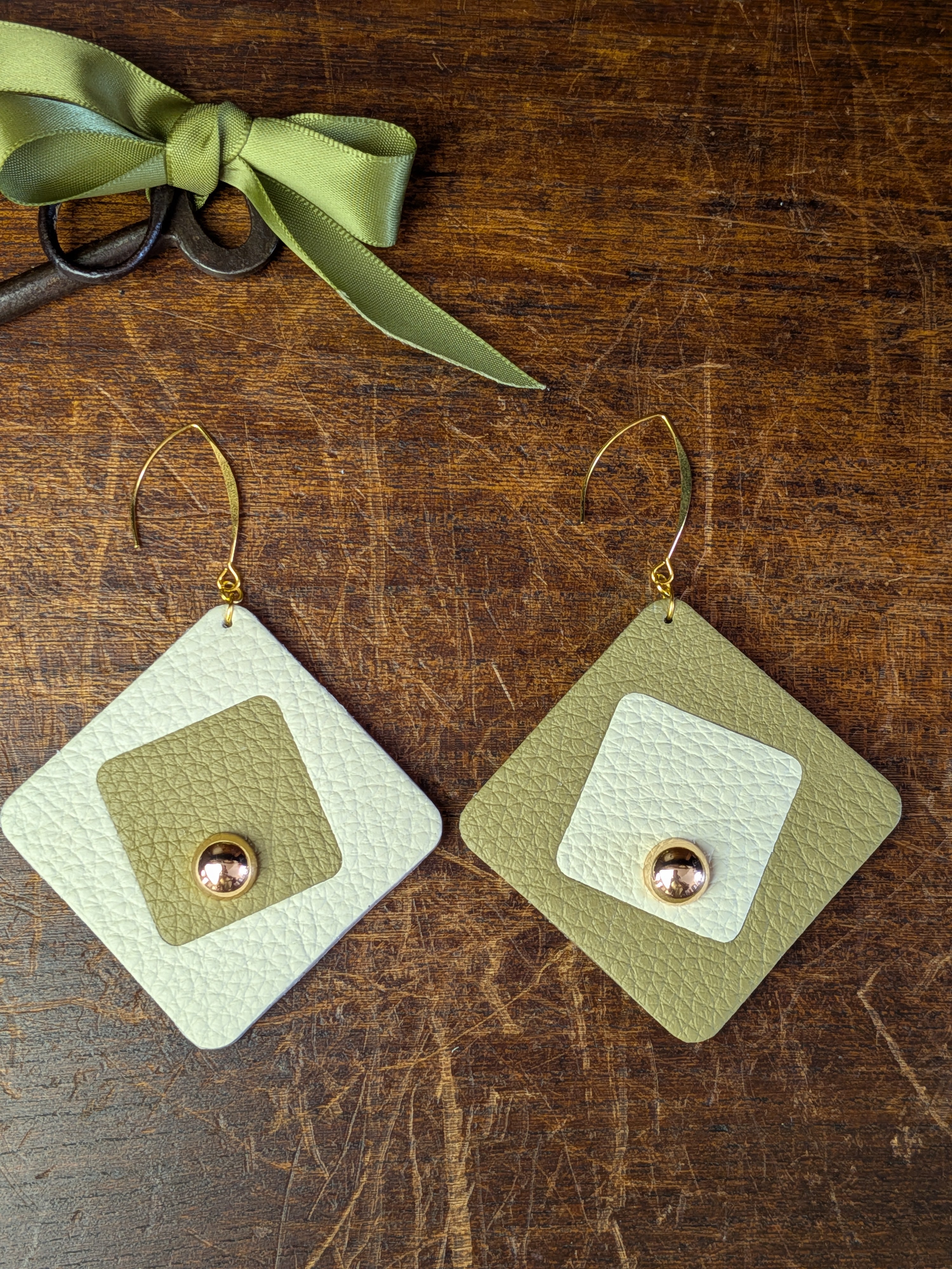 Olive & Cream Dual Tone Geometric Earrings