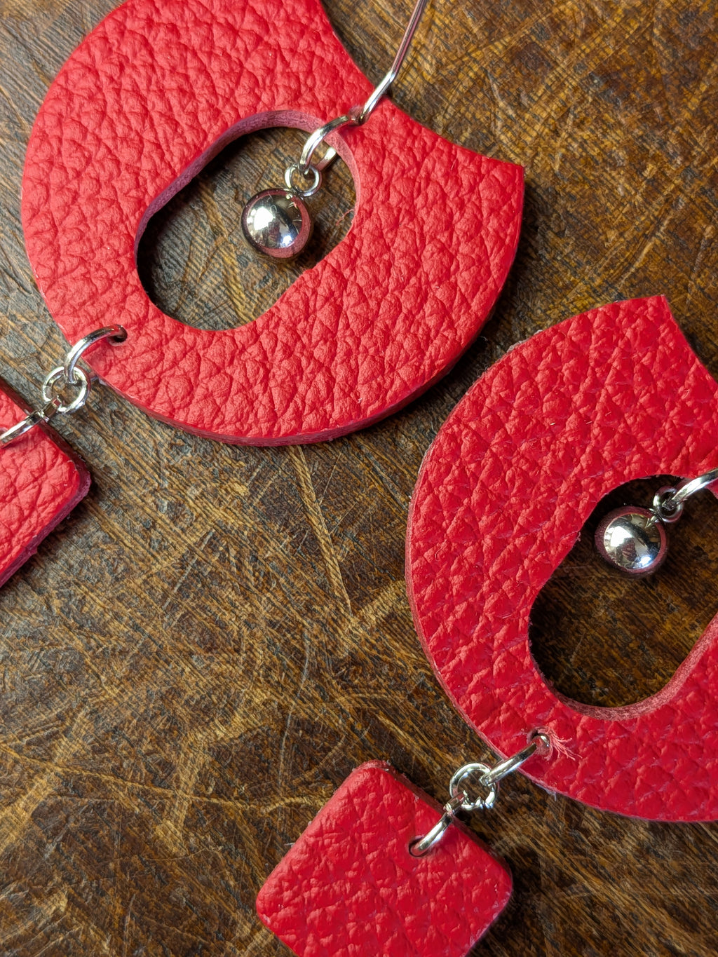 Scarlet Pulse Geometric Leather Earrings