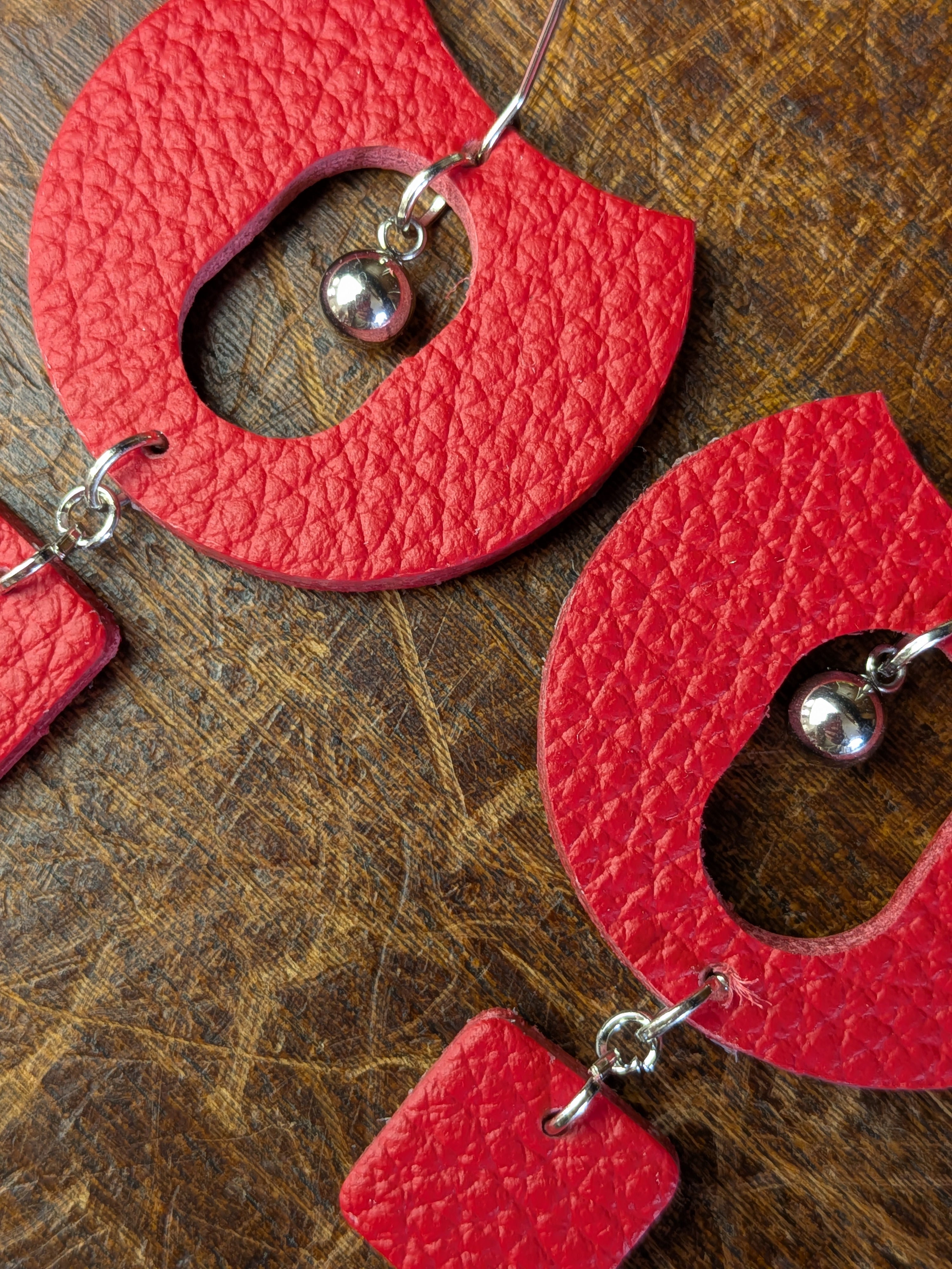 Scarlet Pulse Geometric Leather Earrings