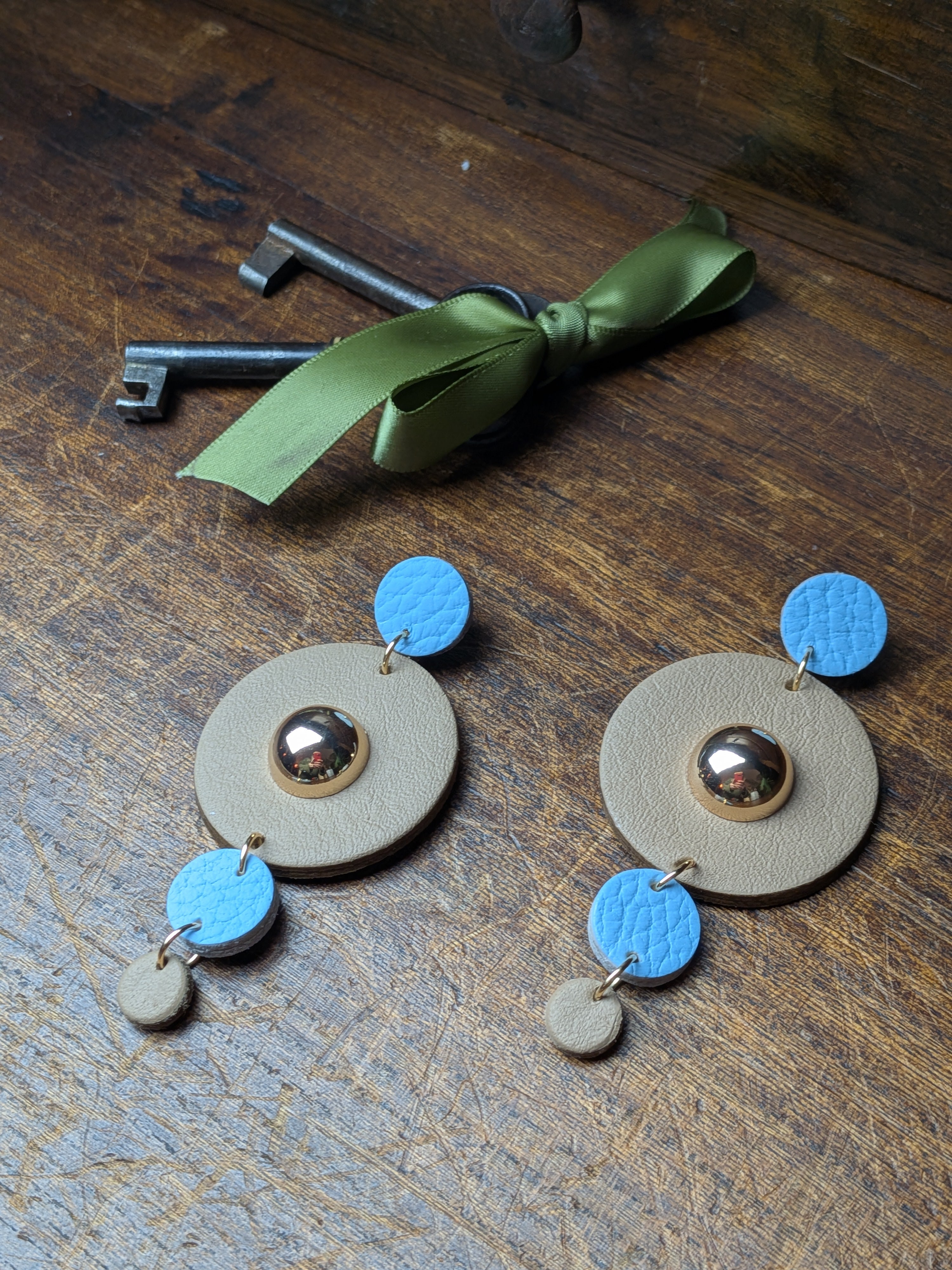 The Azure Sphere | Cool Beige & Sky Blue Leather Sculptural Studs