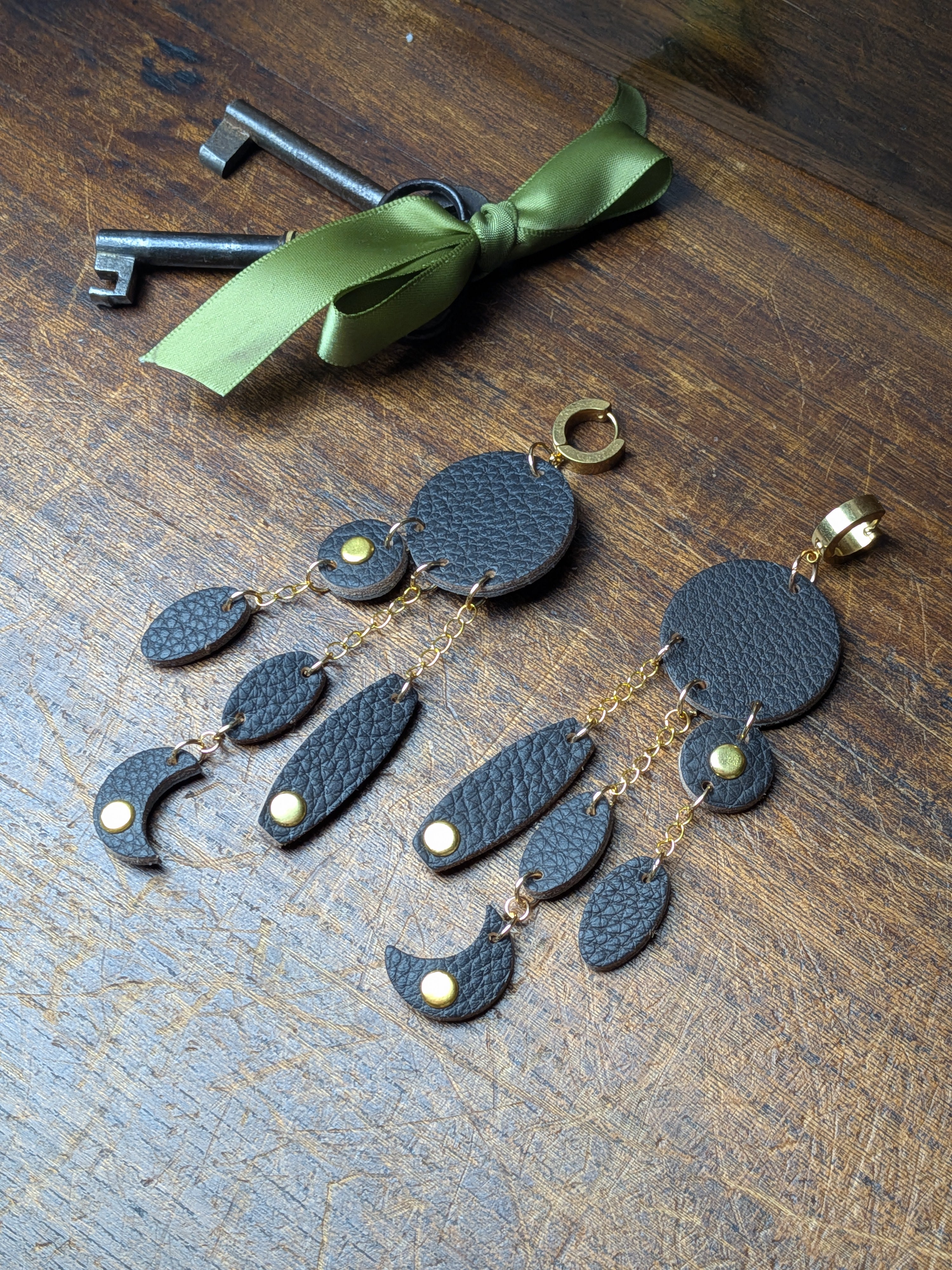 The Midnight Luna | Textured Dark Leather & Gold Moon Hoops