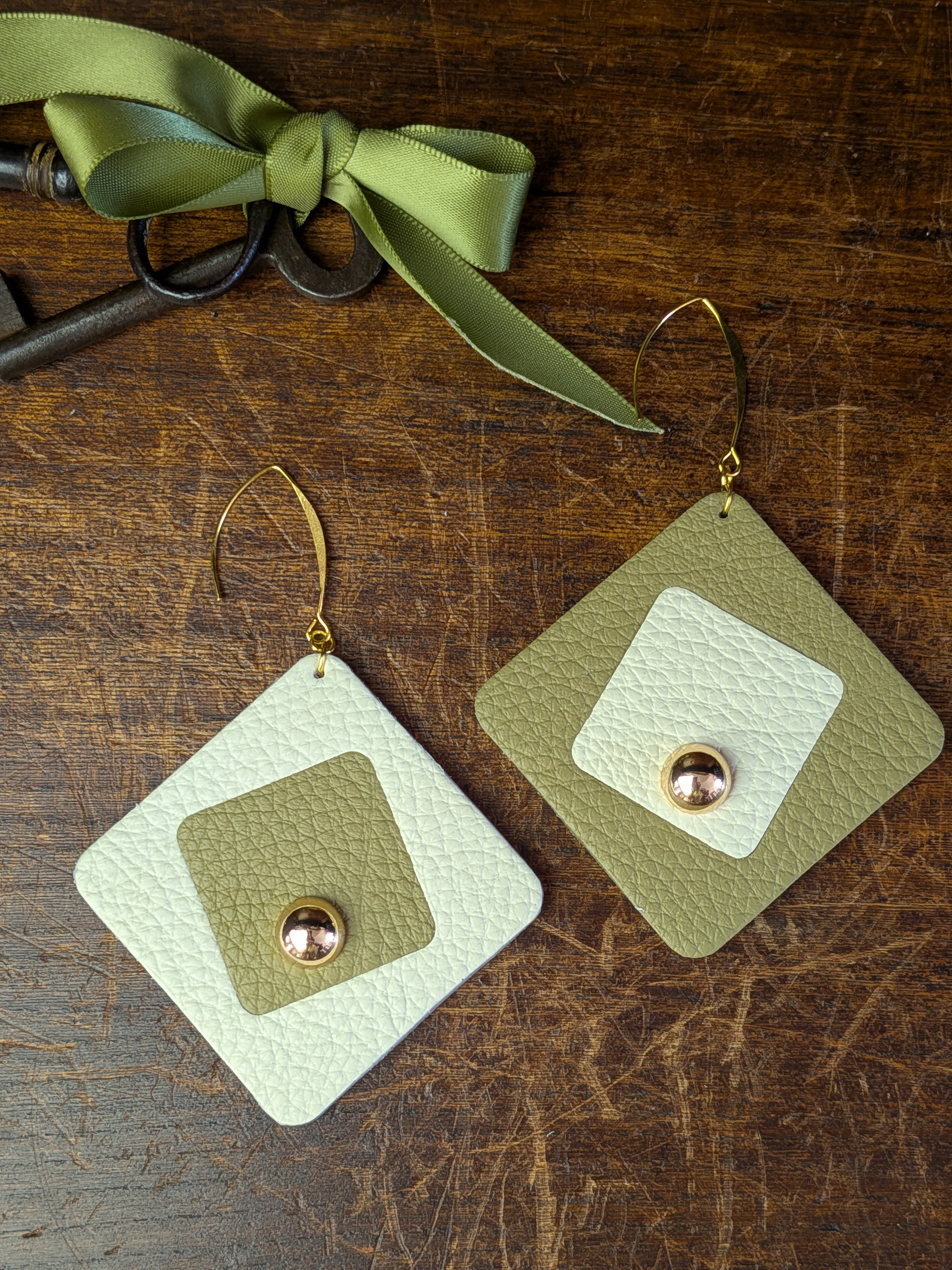 Olive & Cream Dual Tone Geometric Earrings