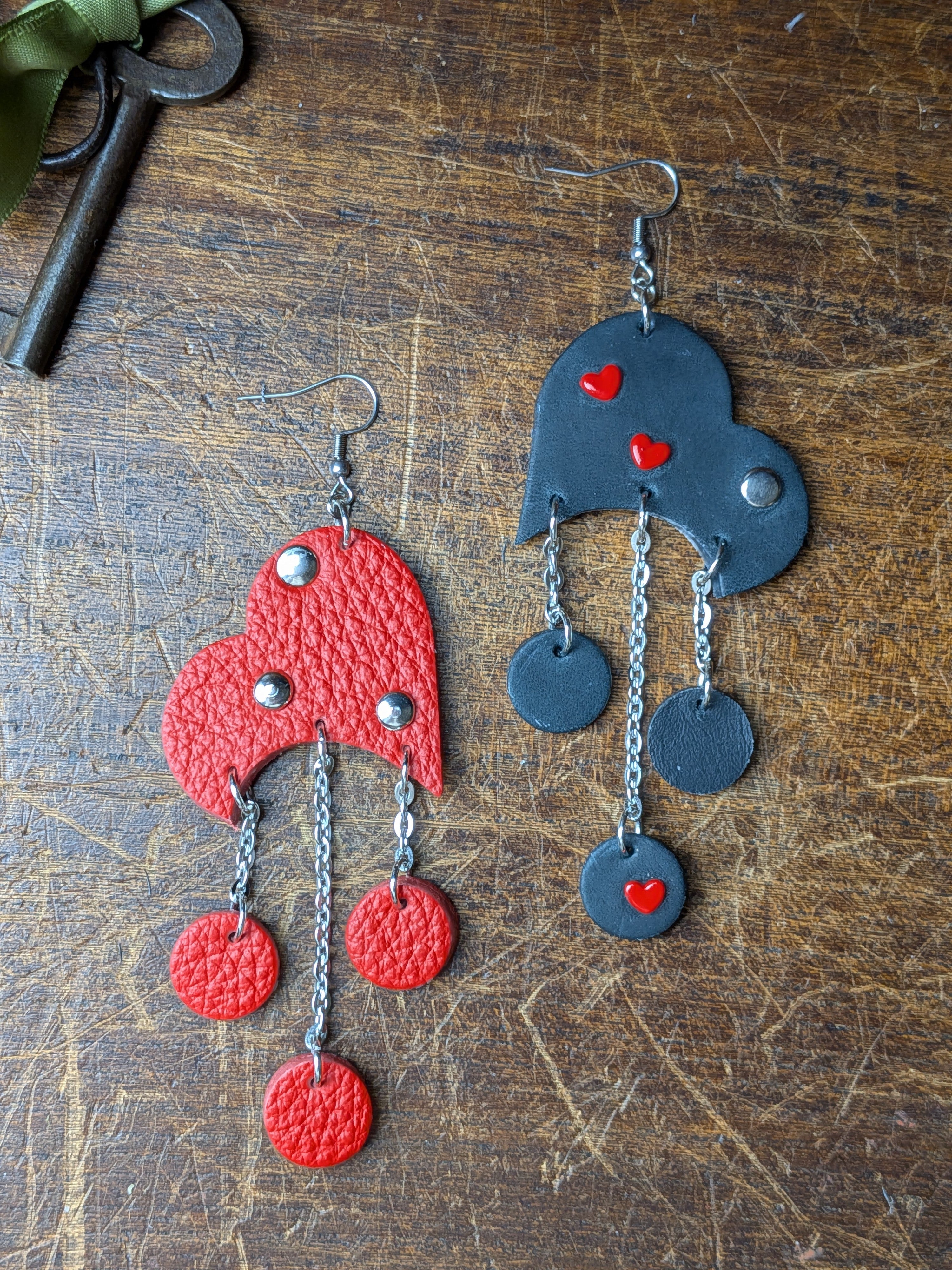 Heart & Shadow Asymmetric Drops – Bold Red & Black Leather Statement Earrings