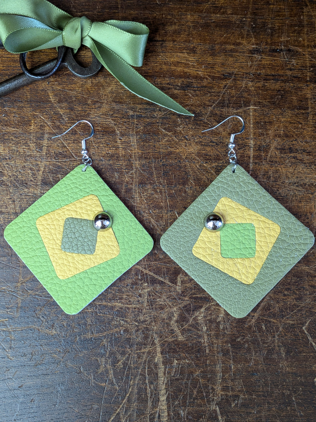 Lime & Olive Geometric Layered Earrings