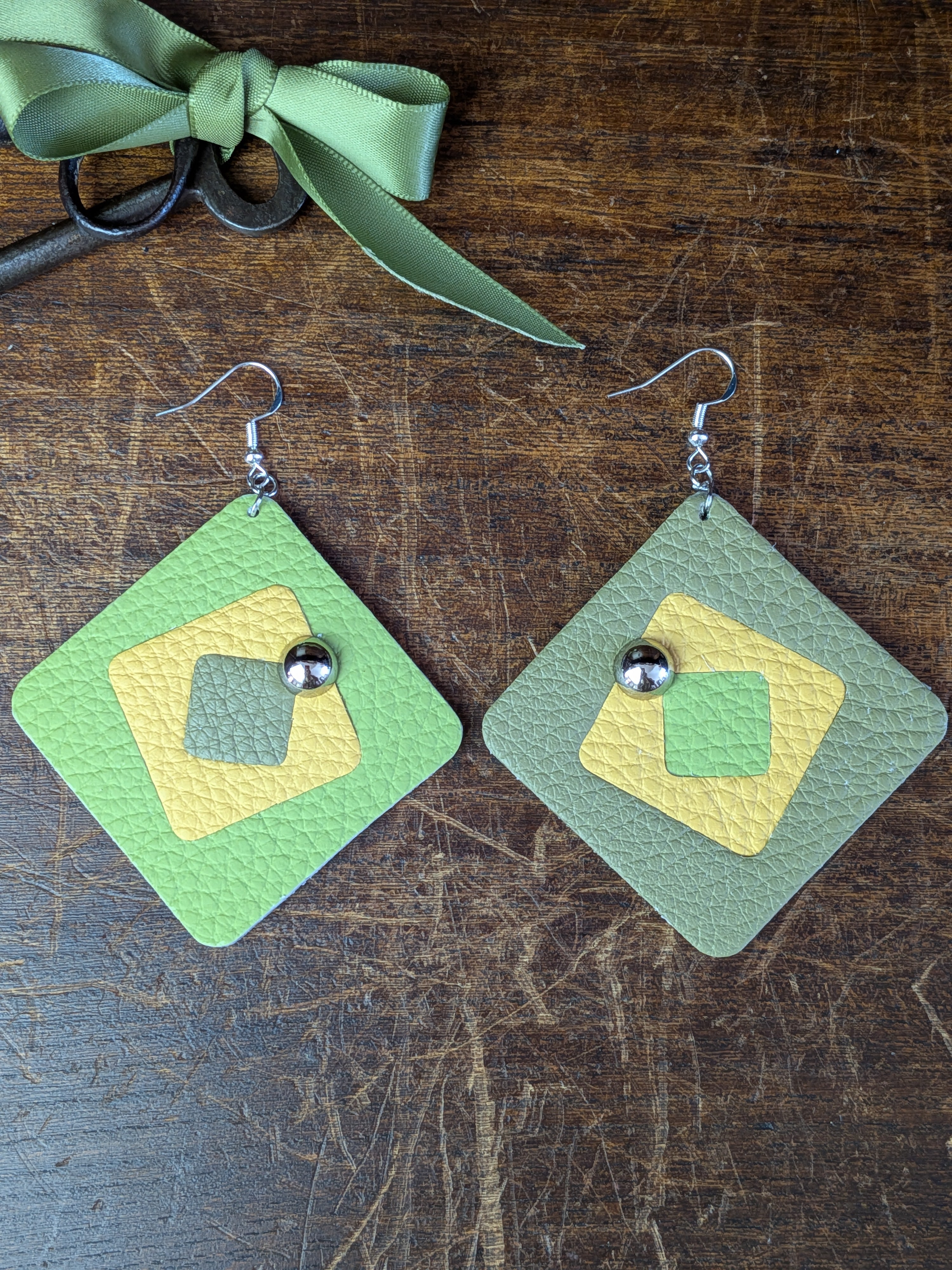 Lime & Olive Geometric Layered Earrings